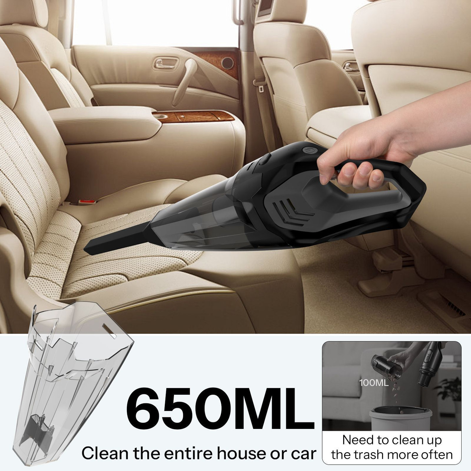 Image of UN1QUE Cordless Car Vacuum Cleaner 2 in 1 (Grey) Car Vacuum Cleaner with Reusable Dust Bag