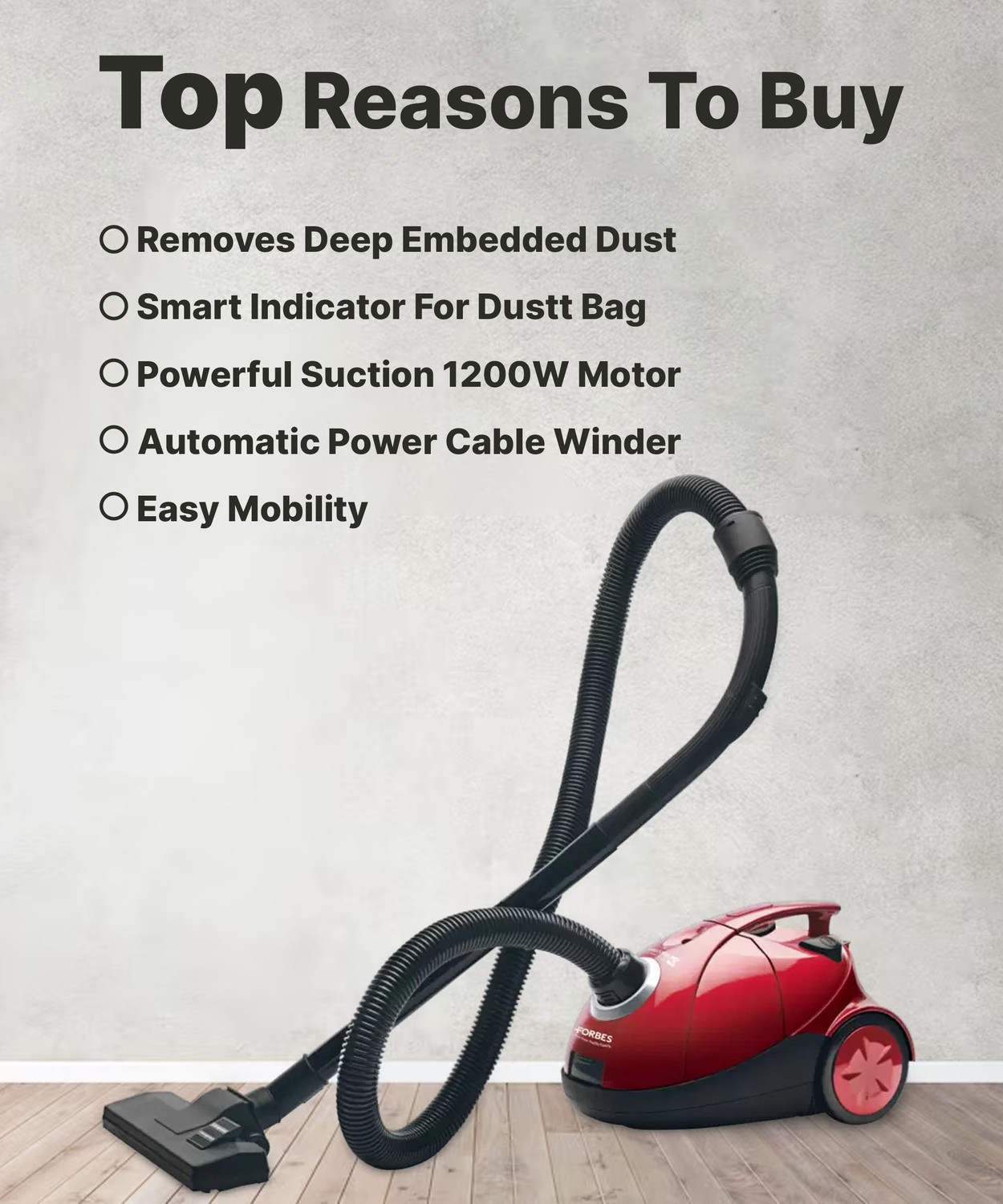 Image of EUREKA FORBES Quick Clean DX Dry Vacuum Cleaner with 1200 Watts Powerful Suction Control, 3 Free Reusable dust Bag Worth Rs 500, Comes with Multiple Accessories, Dust Bag Full Indicator (Red), Standard with Reusable Dust Bag (Red, Black)
