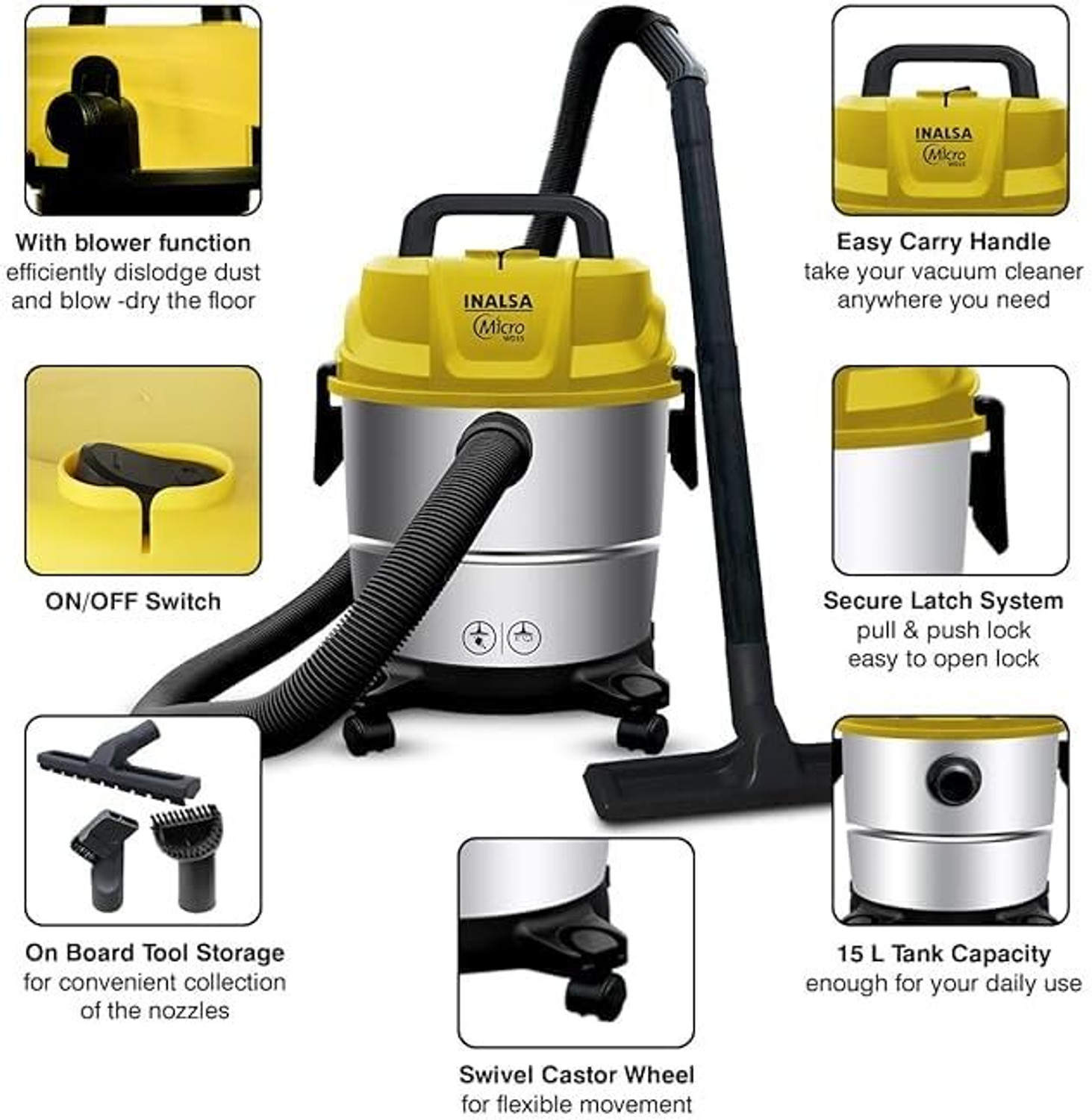 Image of Inalsa Micro WD15 Wet & Dry Vacuum Cleaner 15 LTR Capacity,1400 W, 17 kPa Suction, Blower Function,HEPA Filter, Wet Vacuum Cleaner for Sofa, House Cleaning Machine,Stainless Steel Body with 2 in 1 Mopping and Vacuum