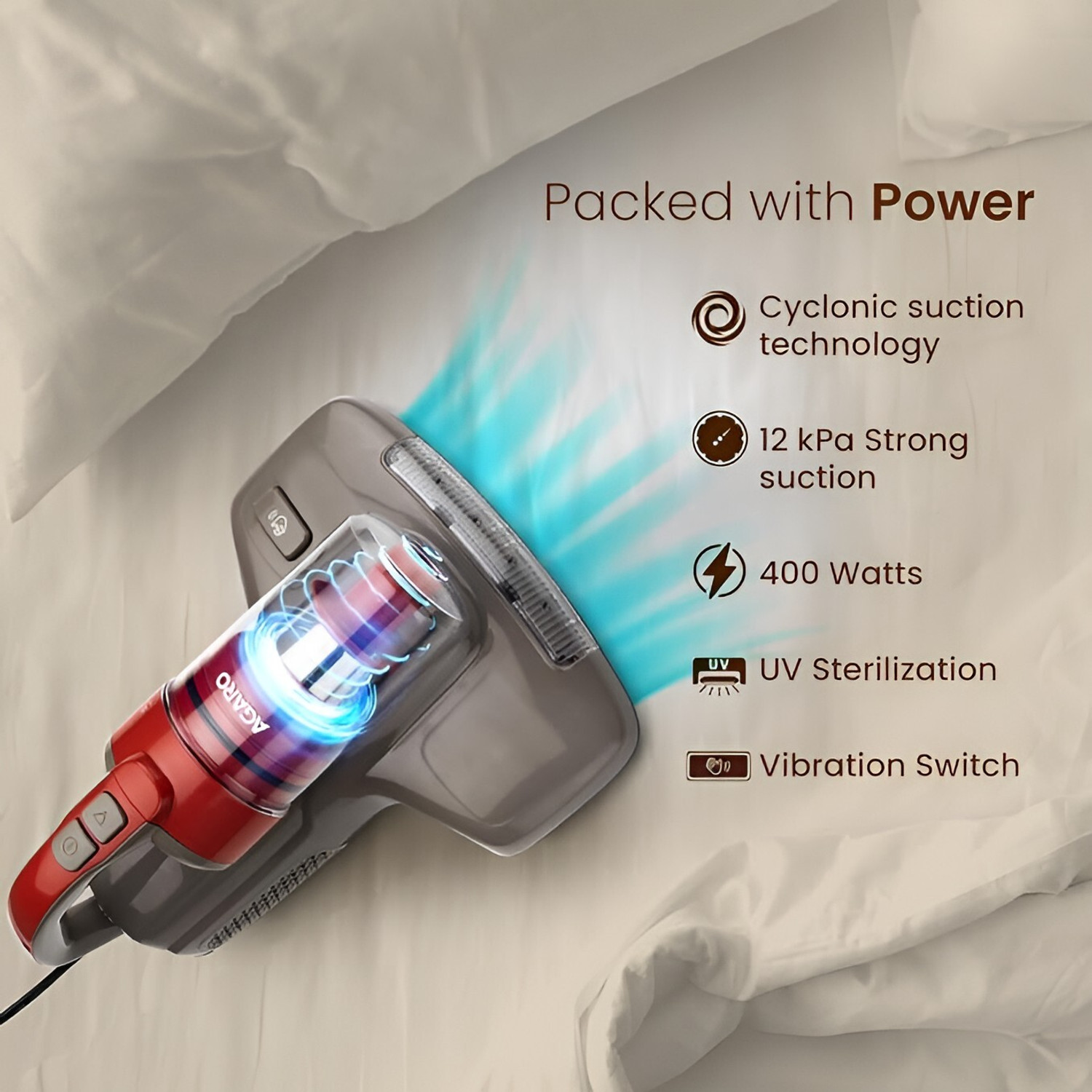 Image of AGARO Grand Bed UV Light Sterilization, 12kPa Suction Power Hand-held Vacuum Cleaner with 2 in 1 Mopping and Vacuum, Ozone Air Purification Technology