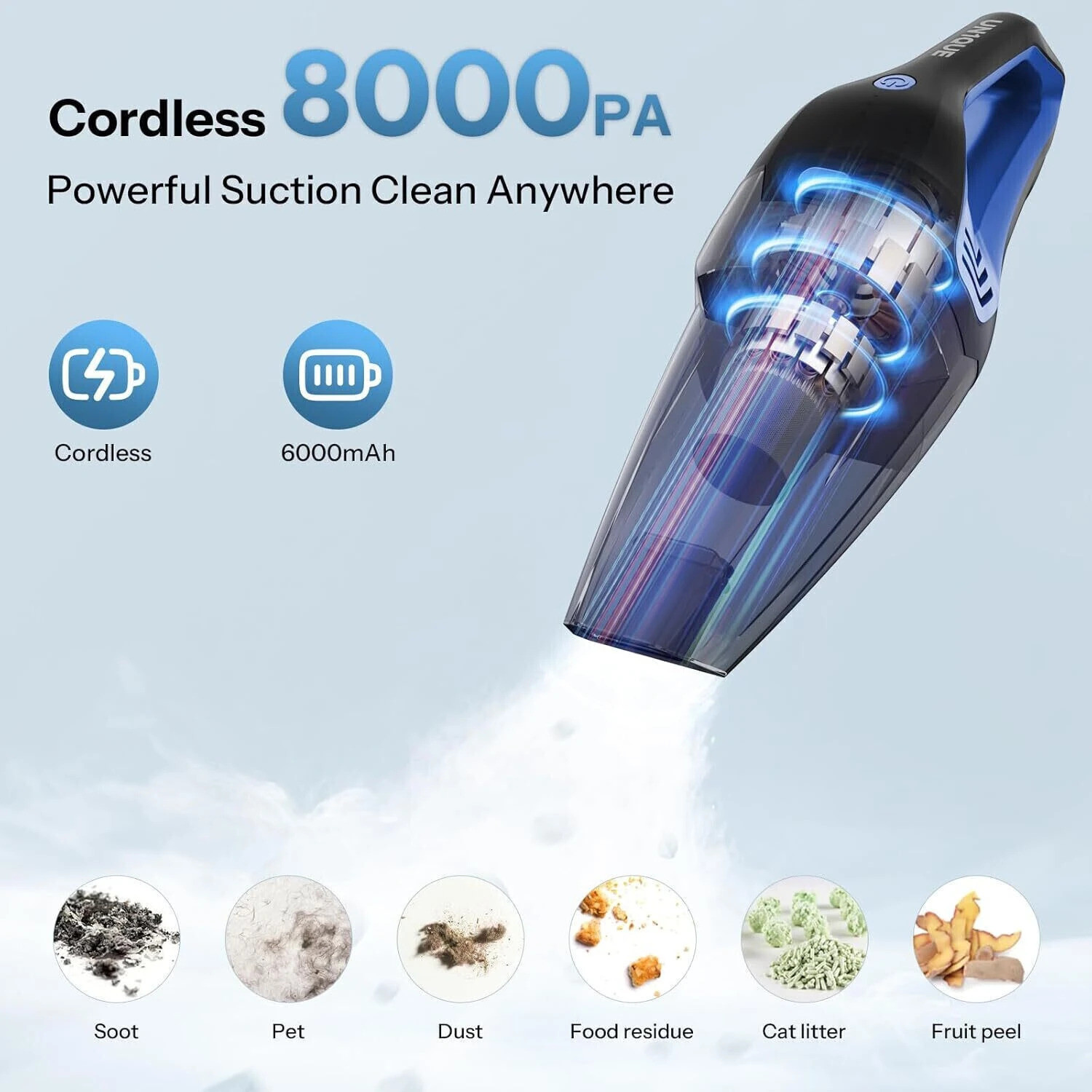 Image of UN1QUE Cordless Car Vacuum Cleaner 2 in 1 (Blue) Car Vacuum Cleaner with Reusable Dust Bag