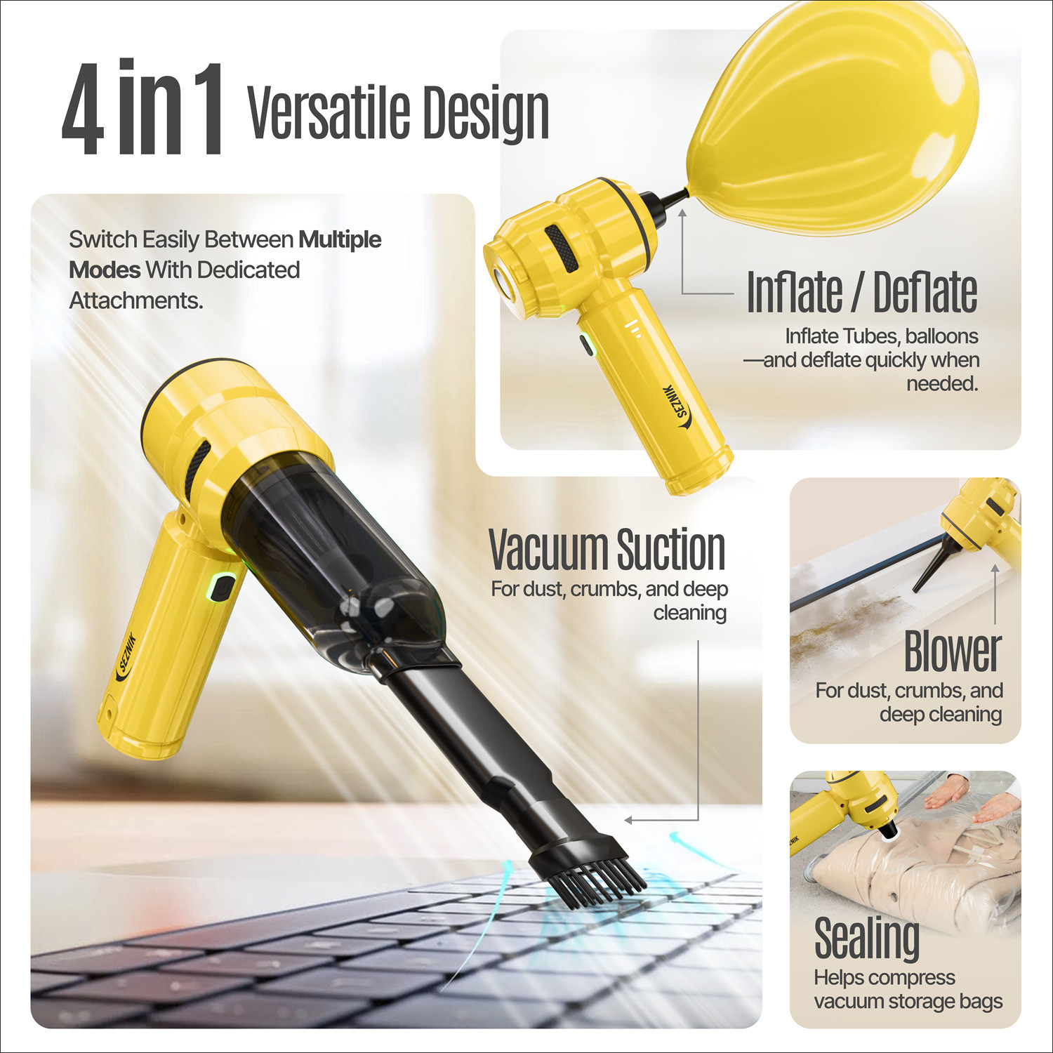 Image of SEZNIK Mustangg 4 in 1 Cordless Hand-held Vacuum Cleaner with Reusable Dust Bag