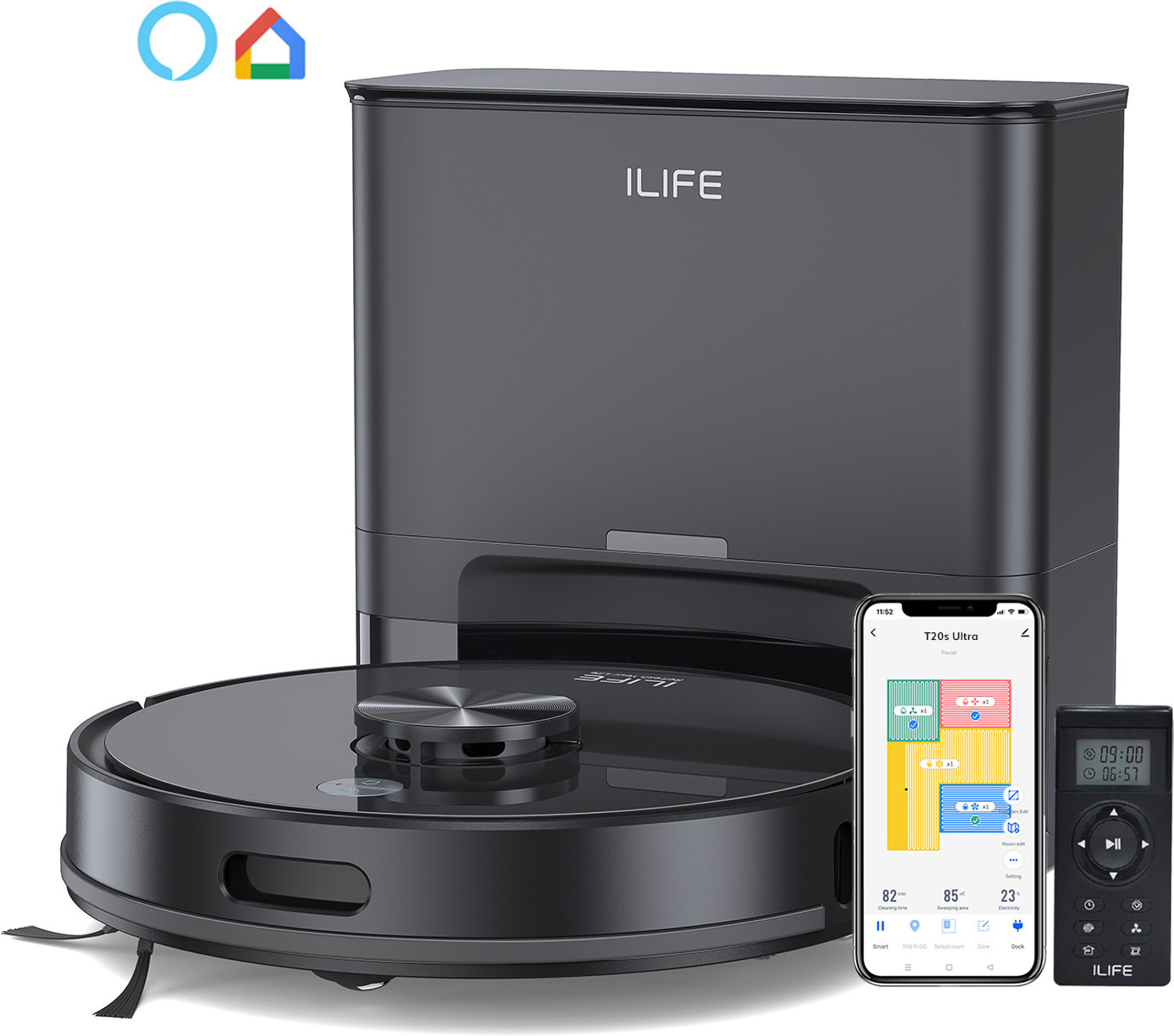 Image of ILIFE T20s Ultra Self-emptying Robot Vacuum with LiDAR Navigation and 10000Pa Suction Robotic Floor Cleaner with Reusable Dust Bag, Anti-Bacterial Cleaning, 2 in 1 Mopping and Vacuum (WiFi Connectivity, Google Assistant and Alexa)