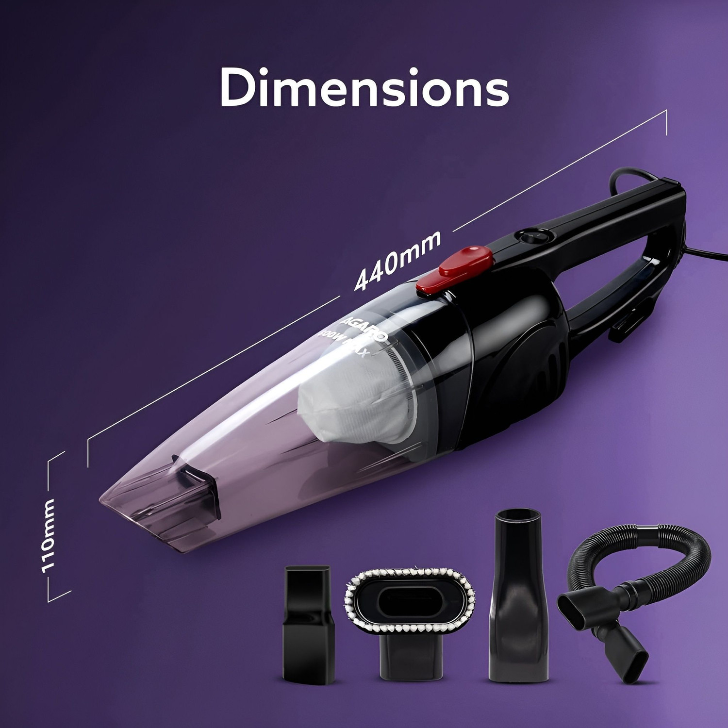Image of AGARO Regal Hand-held Vacuum Cleaner Dry Vacuuming, 6.5 kPa Suction Power, Lightweight Hand-held Vacuum Cleaner with Reusable Dust Bag