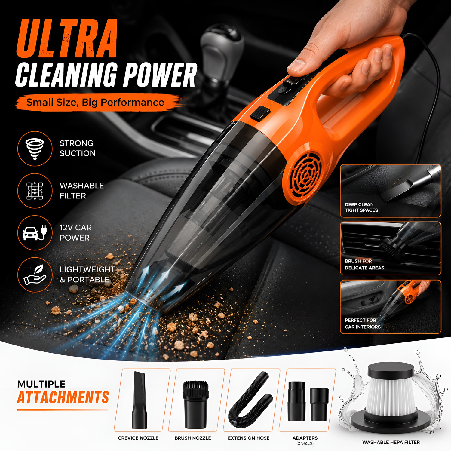 Image of AD-RML Powerful Pro Edge High Suction Power Portable Multipurpose Car Cleaning Machine Car Vacuum Cleaner with 2 in 1 Mopping and Vacuum, Anti-Bacterial Cleaning
