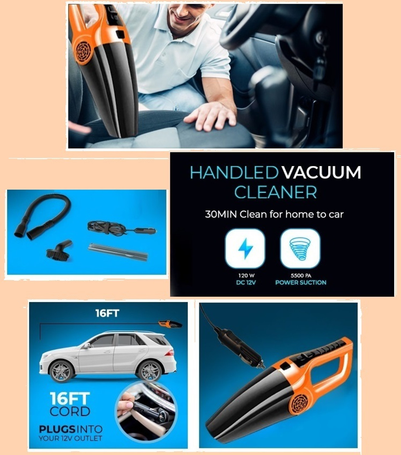 Image of Aetrius Powerful ProPlus High Suction Power Portable Multipurpose Interior Cleaning Unit Car Vacuum Cleaner with 2 in 1 Mopping and Vacuum, Anti-Bacterial Cleaning