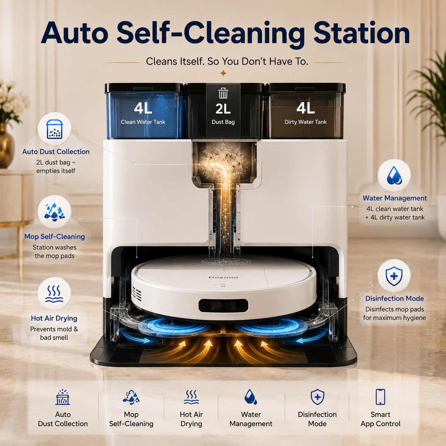Image of Dozmol Z7 Pro Robotic Floor Cleaner with 2 in 1 Mopping and Vacuum, Reusable Dust Bag (WiFi Connectivity, Alexa)