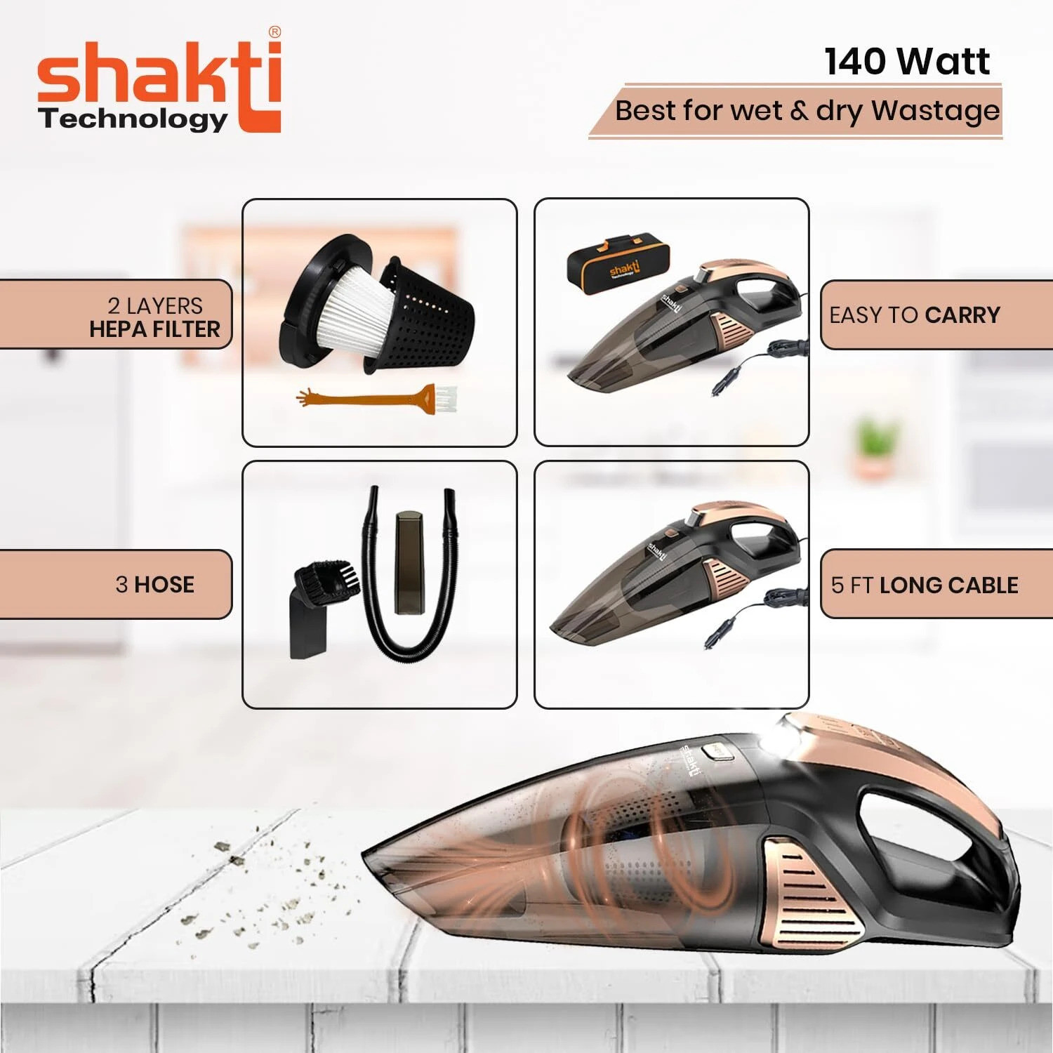 Image of Shakti Technology Sweep Vacuum for Car Cleaning with DC 12V, 140W Vacuum Motor & 5000 PA Suction Hand-held Vacuum Cleaner with Reusable Dust Bag