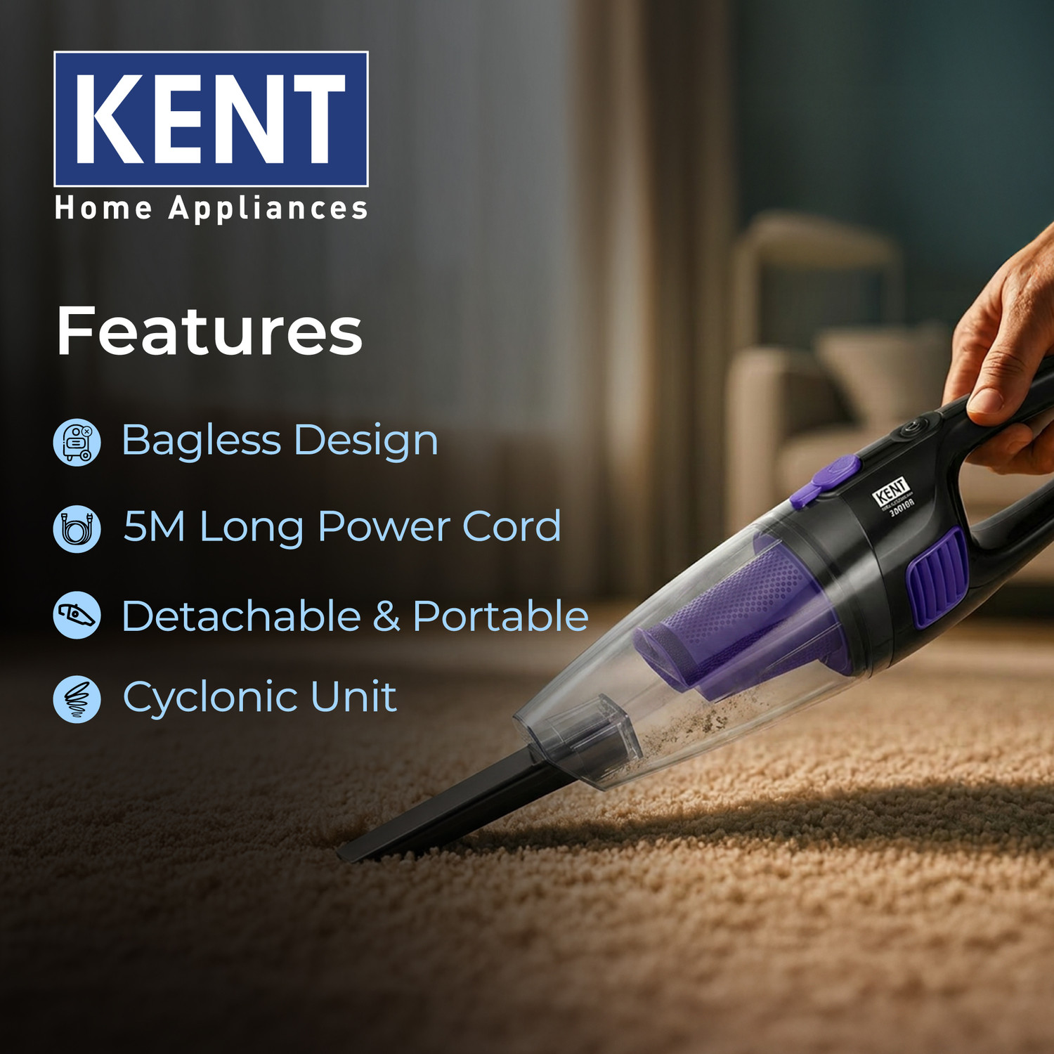 Image of KENT Duster Vacuum Cleaner with HEPA Filter and Cyclone 5 Technology | Bagless Design Hand-held Vacuum Cleaner