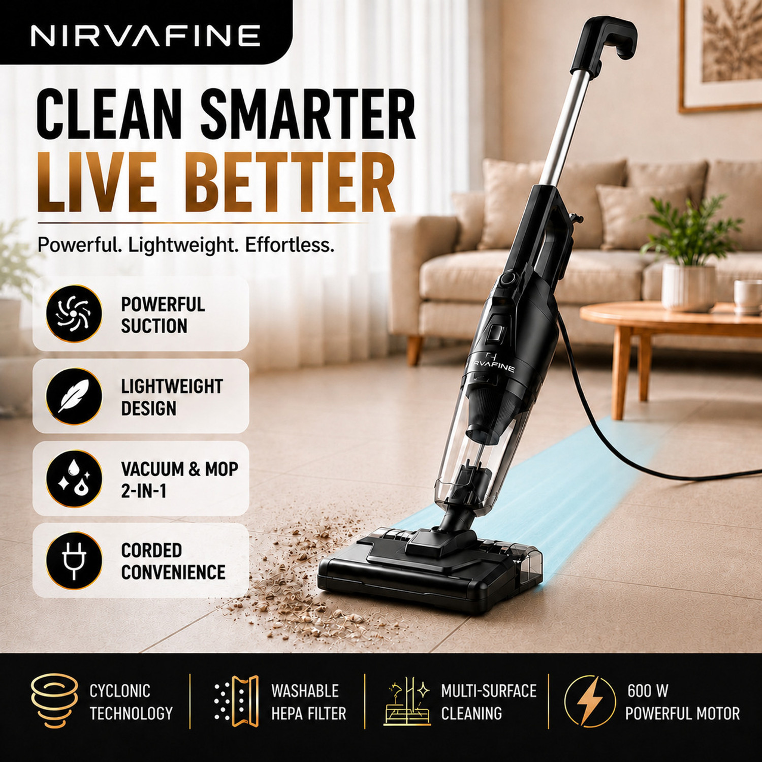 Image of Nirvafine Premium Hand-held Vacuum Cleaner with 2 in 1 Mopping and Vacuum