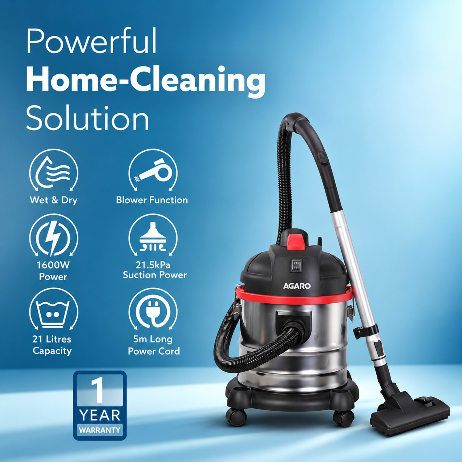 Image of AGARO Ace Wet & Dry Vacuum Cleaner with Reusable Dust Bag, 2 in 1 Mopping and Vacuum, Anti-Bacterial Cleaning