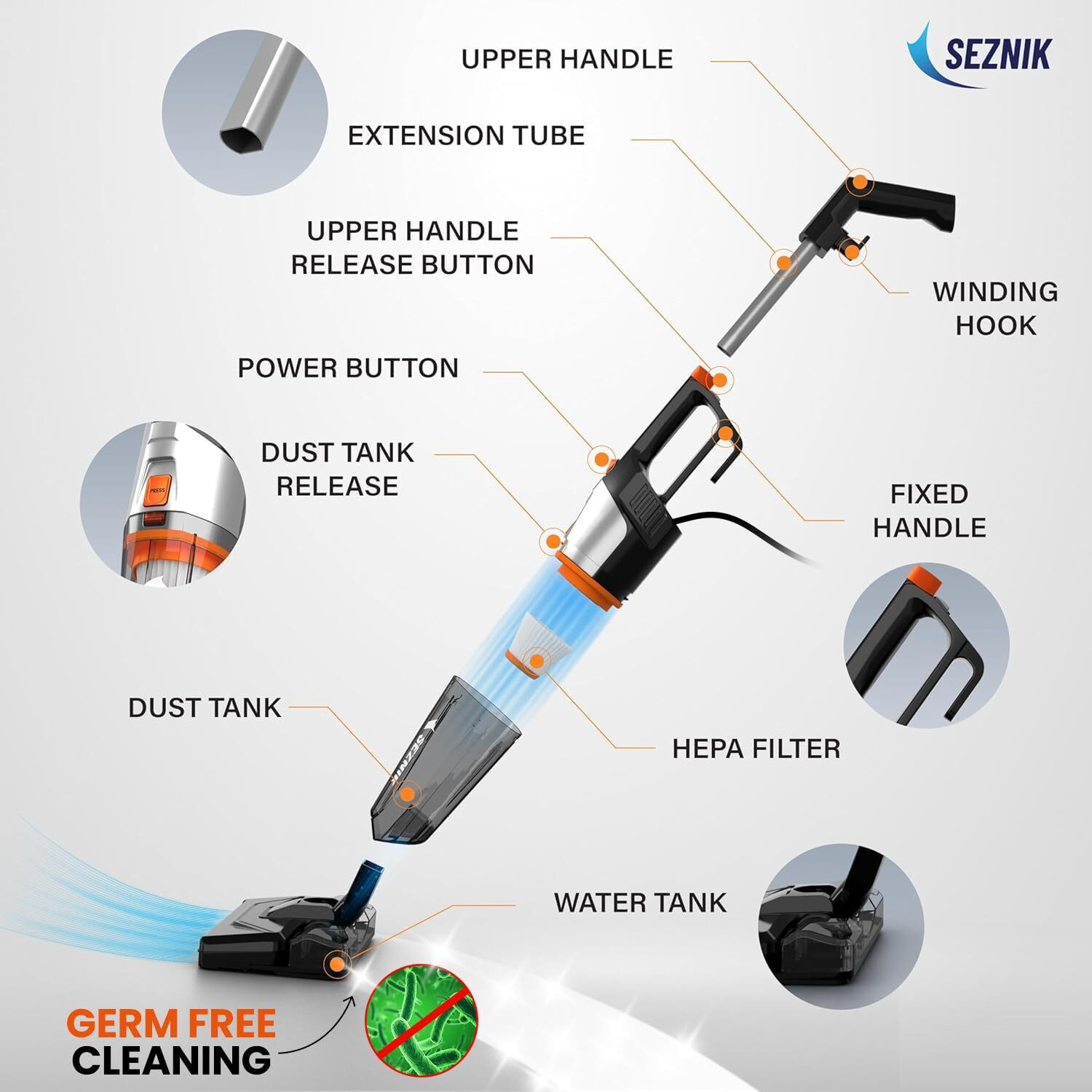 Image of SEZNIK BASICS Turbo Sweep 3-in-1 | Corded, 600W, 20KPA Suction | 200ml Water Tank | Hand-held Vacuum Cleaner with Anti-Bacterial Cleaning