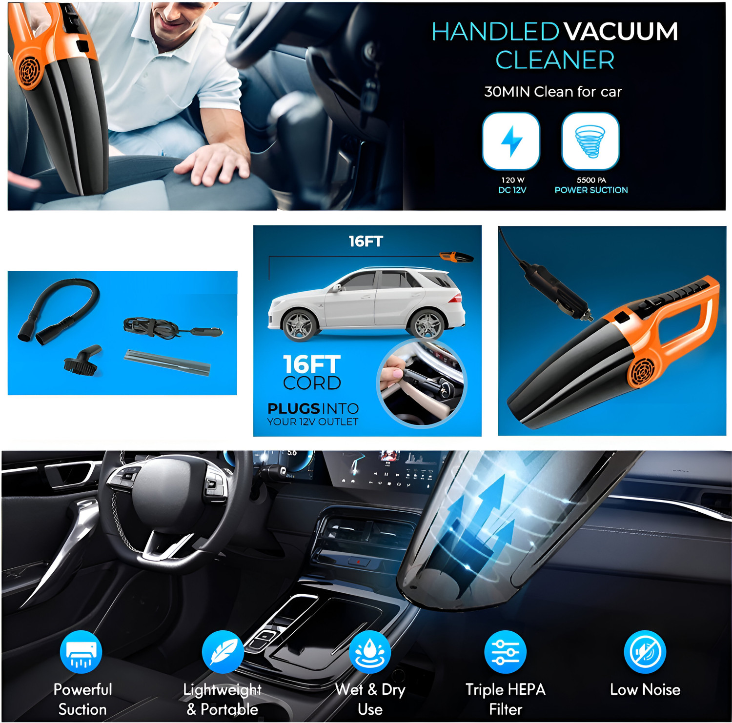 Image of AK-NIR Powerful Ultra Pro High Suction Power Portable Multipurpose Cleaning Device Car Vacuum Cleaner with 2 in 1 Mopping and Vacuum, Anti-Bacterial Cleaning