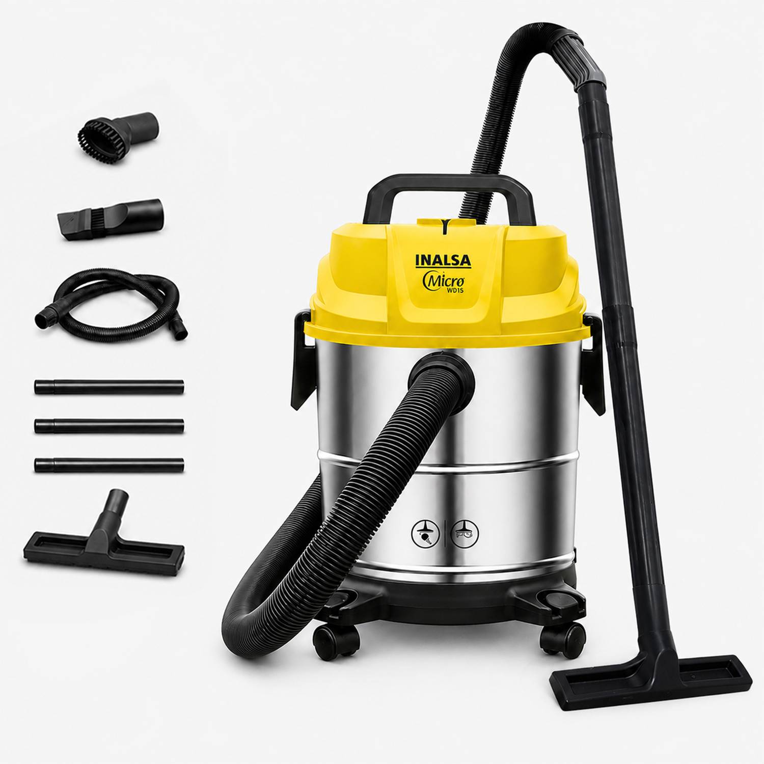 Inalsa Micro WD15 Wet & Dry Vacuum Cleaner 15 LTR Capacity,1400 W, 17 kPa Suction, Blower Function,HEPA Filter, Wet Vacuum Cleaner for Sofa, House Cleaning Machine,Stainless Steel Body with 2 in 1 Mopping and Vacuum