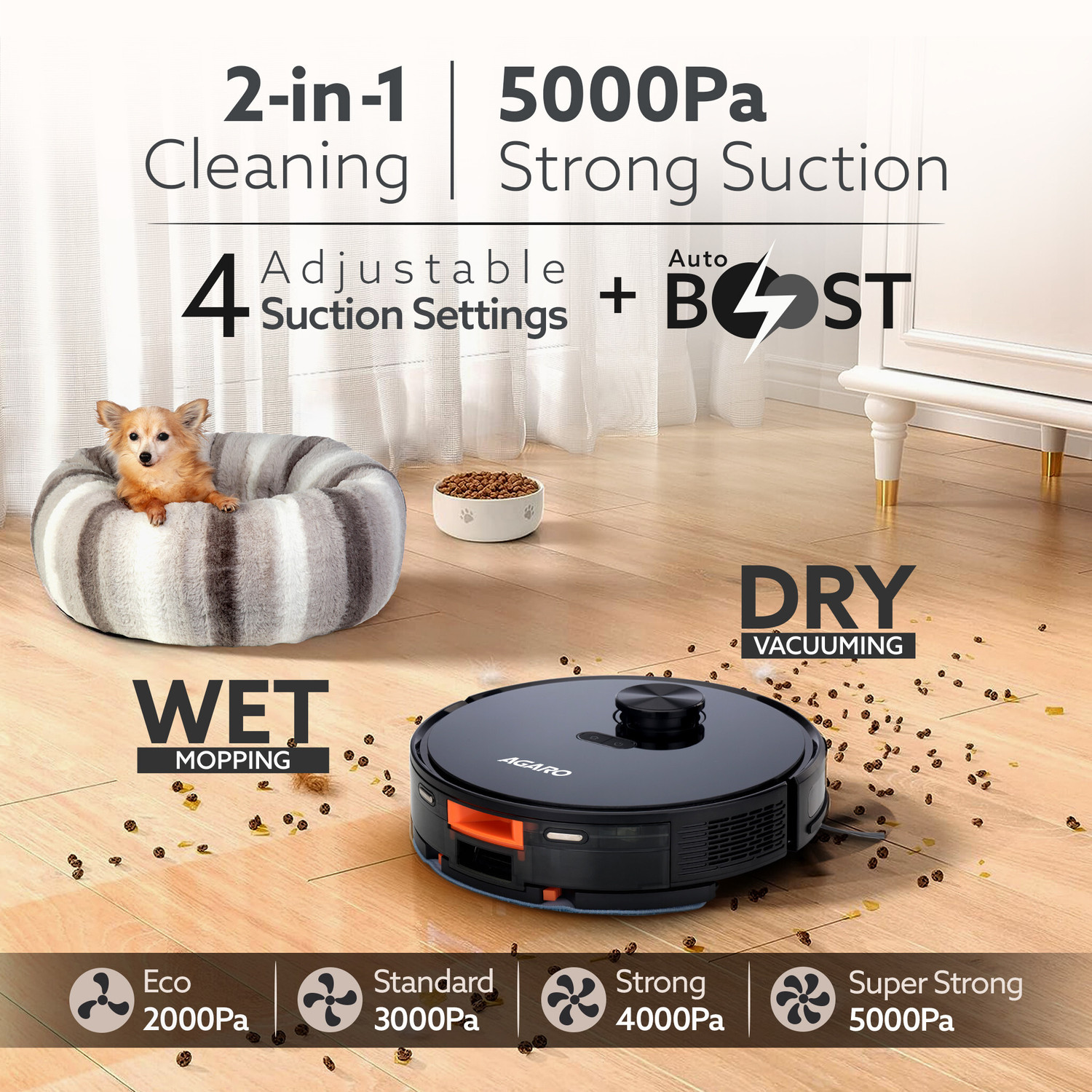 Image of AGARO Royal Robot Vacuum Cleaner, Brush, Dry Vacuum & Wet Mop, Automatic Cleaning Robotic Floor Cleaner (WiFi Connectivity)
