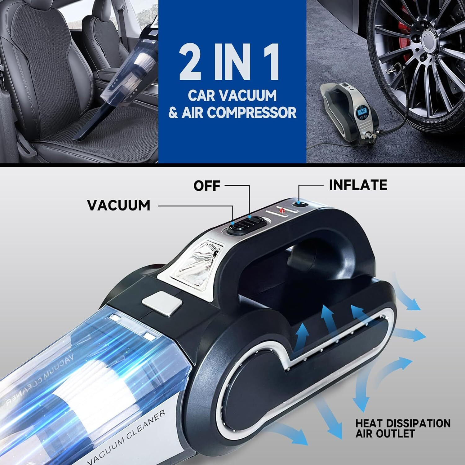 Image of RVEnterprise 2-in-1 Portable Car Vacuum Cleaner Tire Inflator Tire Pressure Display LED Light Car Vacuum Cleaner with 2 in 1 Mopping and Vacuum, Anti-Bacterial Cleaning
