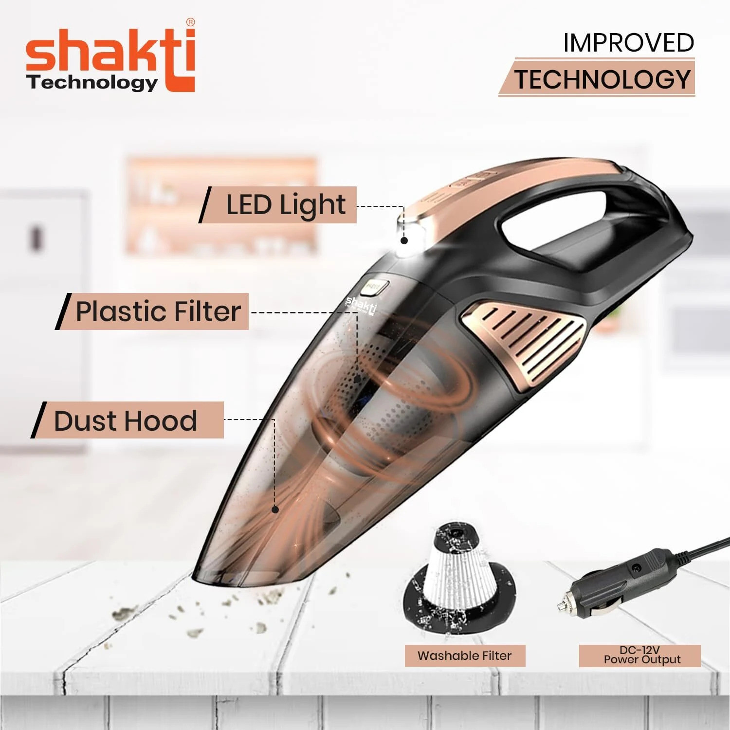 Image of Shakti Technology Sweep Vacuum for Car Cleaning with DC 12V, 140W Vacuum Motor & 5000 PA Suction Hand-held Vacuum Cleaner with Reusable Dust Bag