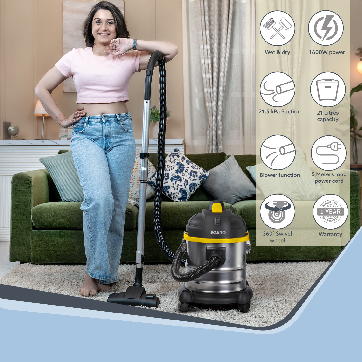 Image of AGARO Ace 1600W Wet & Dry Vacuum Cleaner with Reusable Dust Bag