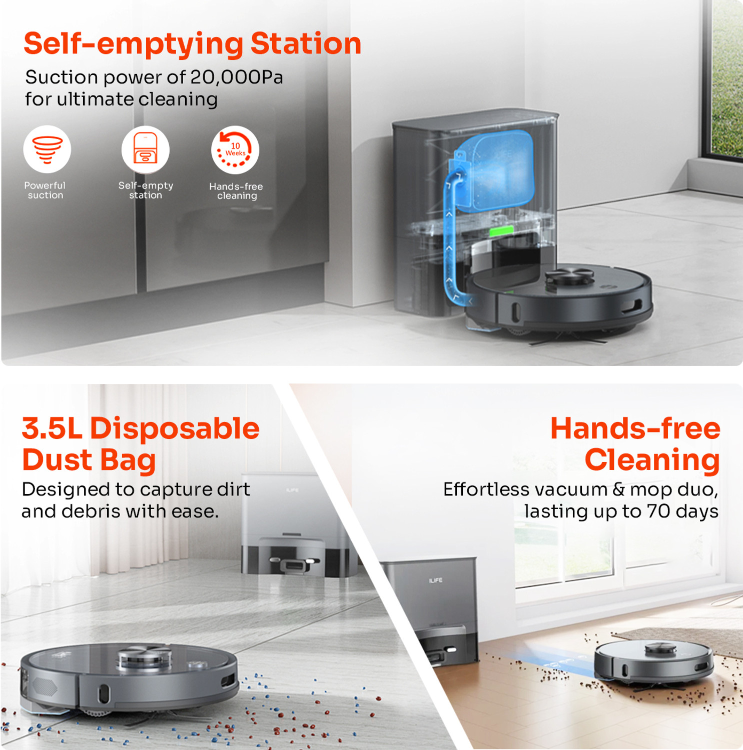 Image of ILIFE T20s Pro Self-emptying Robot Vacuum with LDS Navigation @6500Pa Strong Suction Robotic Floor Cleaner with Reusable Dust Bag, Anti-Bacterial Cleaning, 2 in 1 Mopping and Vacuum (WiFi Connectivity, Google Assistant and Alexa)