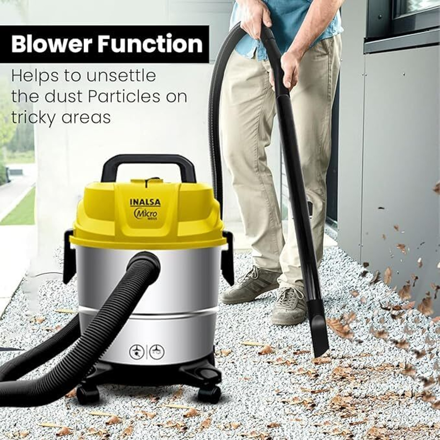 Image of Inalsa Micro WD15 Wet & Dry Vacuum Cleaner 15 LTR Capacity,1400 W, 17 kPa Suction, Blower Function,HEPA Filter, Wet Vacuum Cleaner for Sofa, House Cleaning Machine,Stainless Steel Body with 2 in 1 Mopping and Vacuum