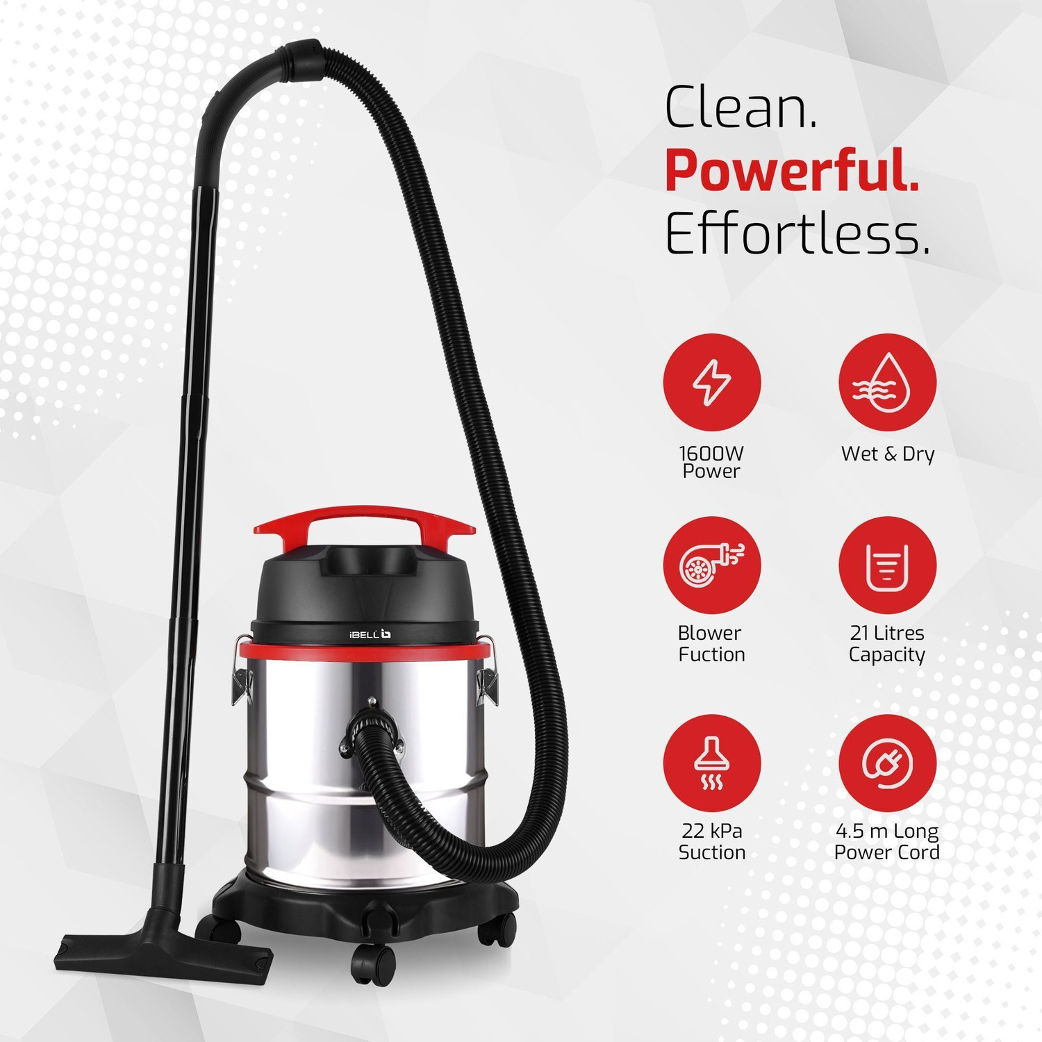 Image of iBELL Vacuum Cleaner, 1600W, 21L Tank, HEPA Filter,2 Year Warranty, Blower Wet & Dry Vacuum Cleaner with Reusable Dust Bag