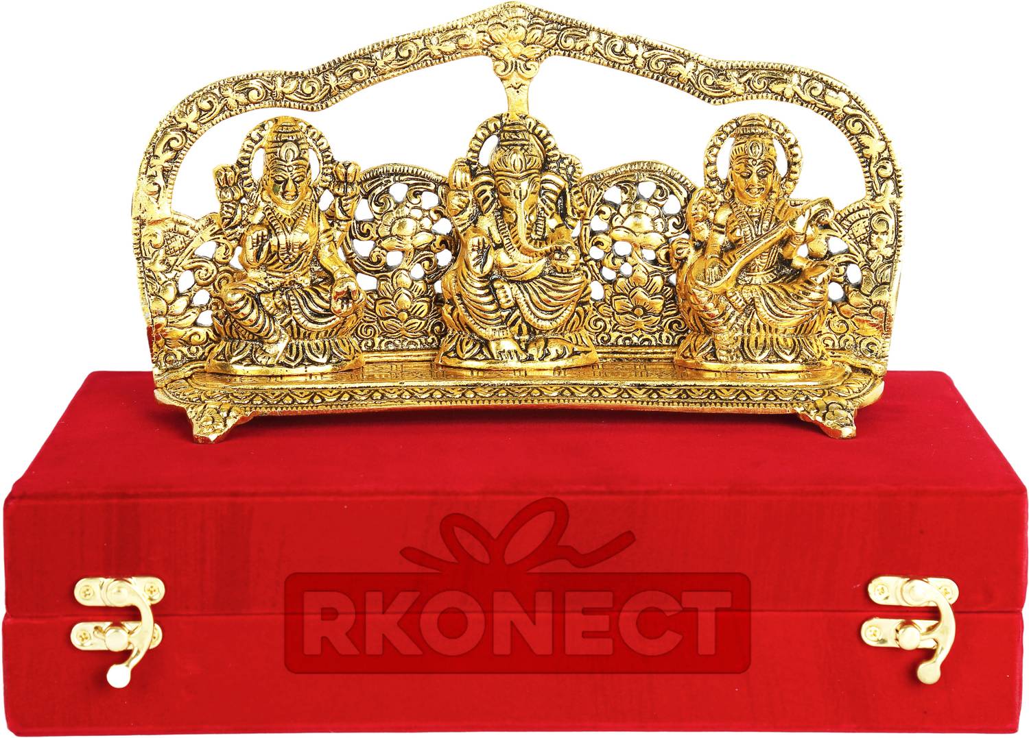 RKONECT Brass Laxmi Ganesh Saraswati God Murti in Velvet Box For Diwali Home Office Decorative Showpiece - 14 cm