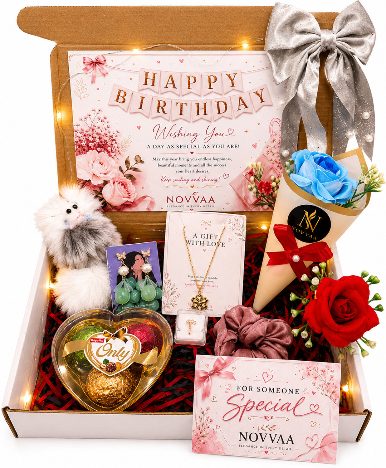 Image of NOVVAA Artificial Flower, Flower Bouquet, Gift Box, Jewellery, Keychain, Key Ring, Rice Light Gift Set