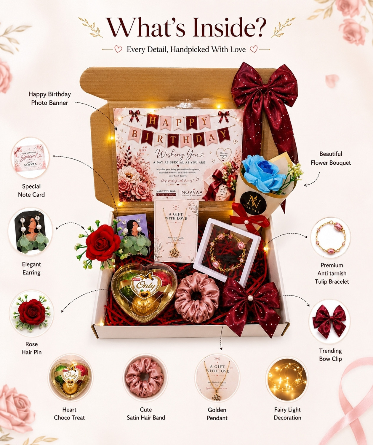 Image of NOVVAA Artificial Flower, Flower Bouquet, Gift Box, Jewellery, Rice Light, Bracelet Gift Set