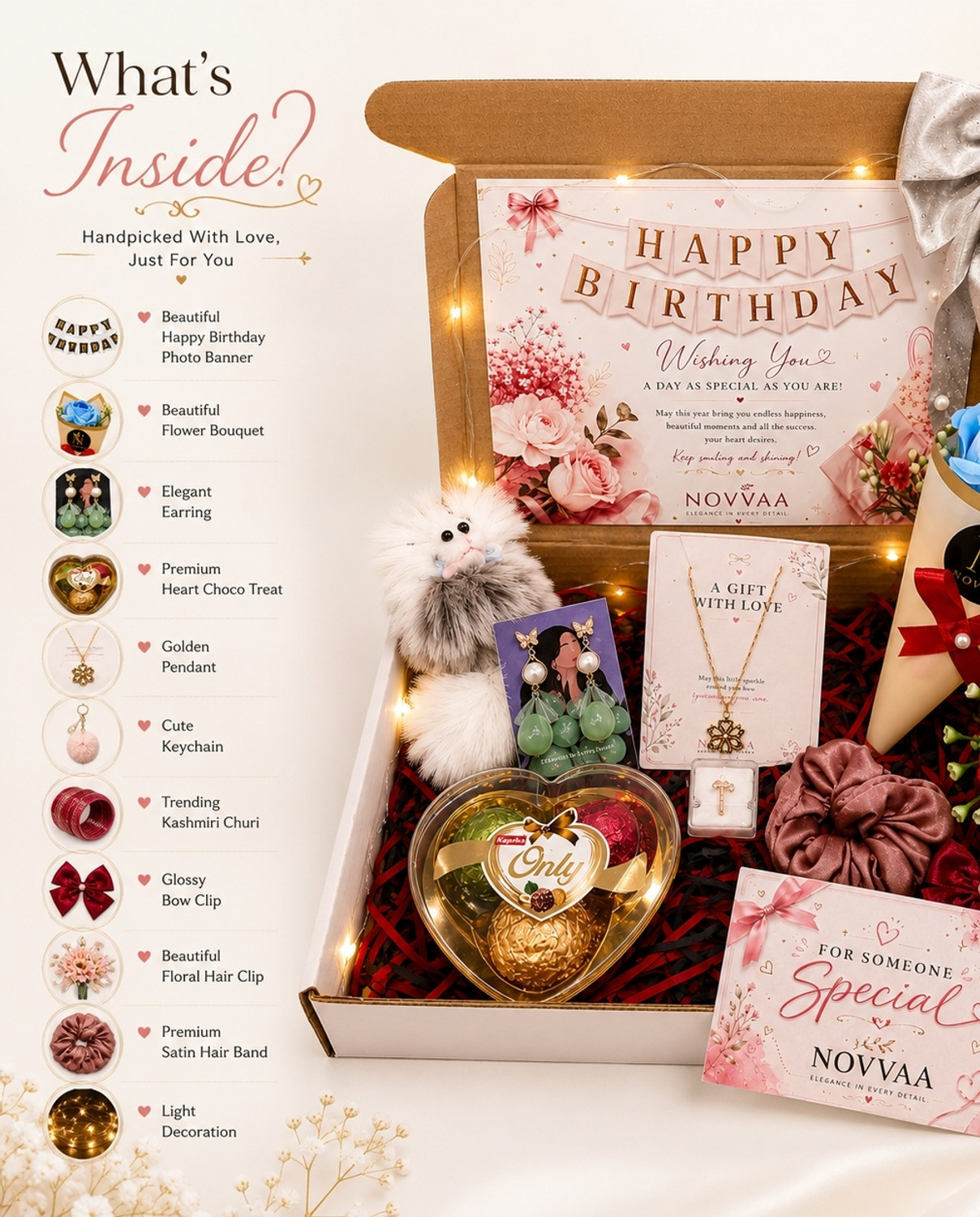 Image of NOVVAA Artificial Flower, Flower Bouquet, Gift Box, Jewellery, Keychain, Key Ring, Rice Light Gift Set
