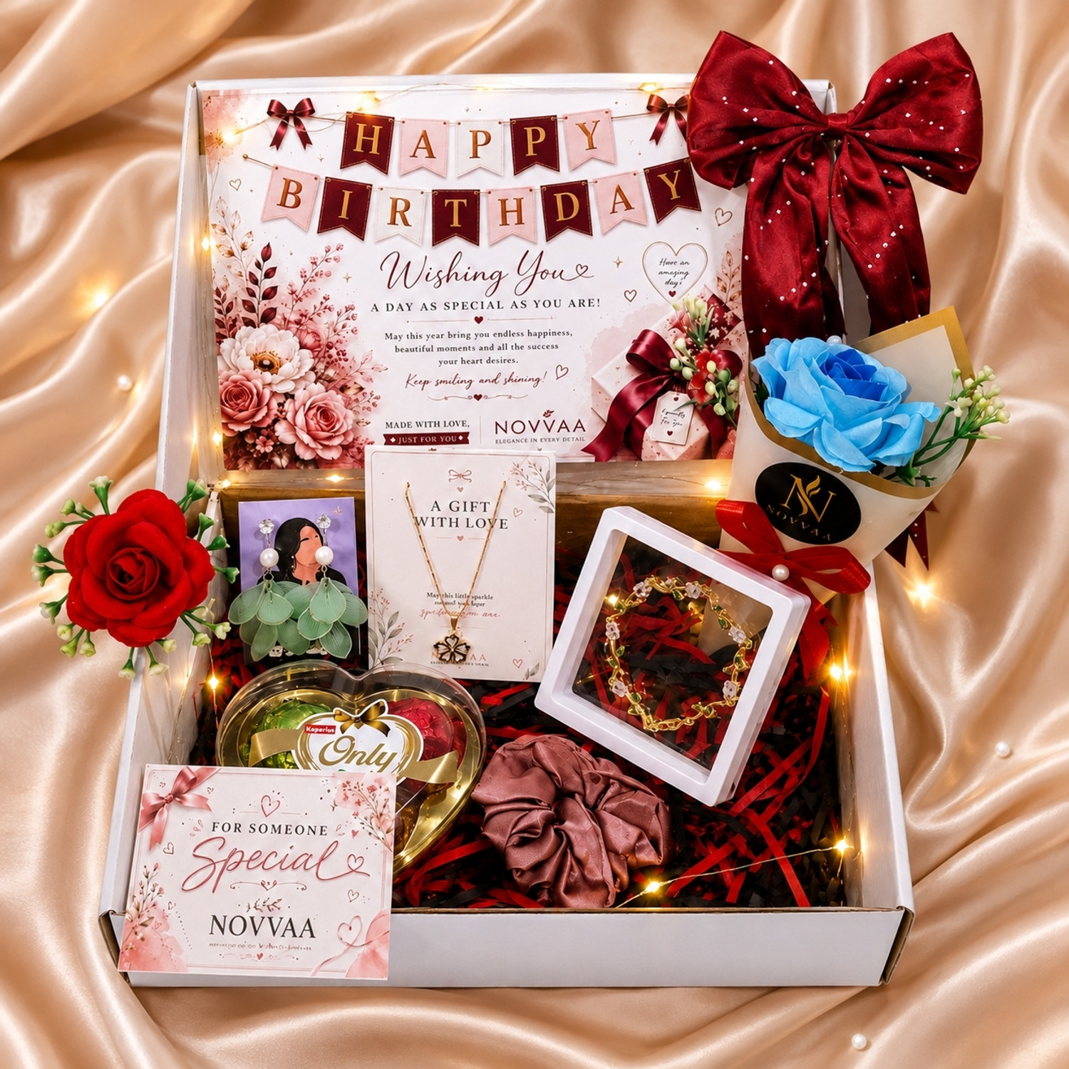 Image of NOVVAA Artificial Flower, Flower Bouquet, Gift Box, Jewellery, Rice Light, Bracelet Gift Set