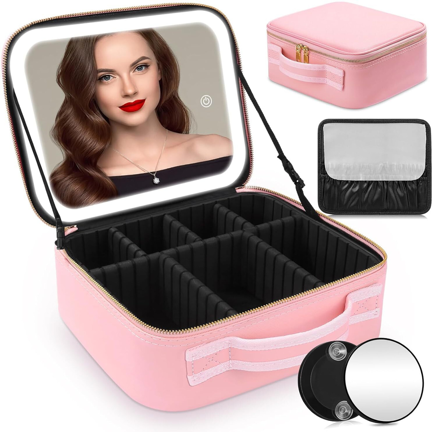 Image of inovera Makeup Organizer Bag - Travel Cosmetic Kit with Mirror & Compartments with Removable 3 LED Lighting Mirror and Adjustable Compartments Travel Toiletry Vanity Box