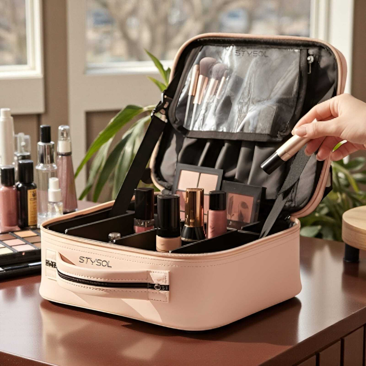 Image of Stysol Portable Cosmetic Organizer with Shoulder Straps Multi Functional Cosmetic Bag Make up, Jewelry, Toiletries, Shaving Kit Vanity Box