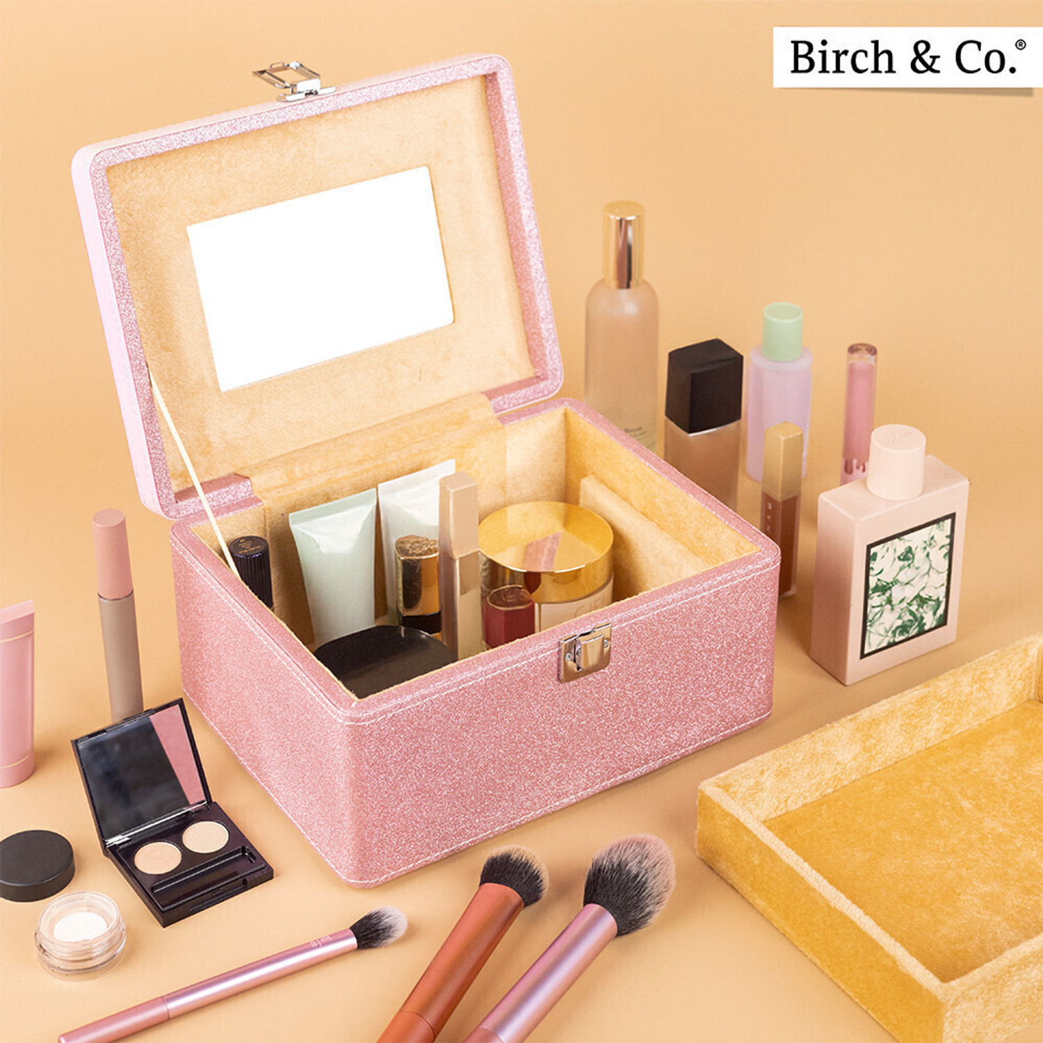 Image of Birch & Co. Wooden Makeup Box | Vanity Box for Bridal | Cosmetic Organizer for Home & Travel Vanity Box For Makeup, Jewelry, Cosmetics, And Accessories Vanity Box