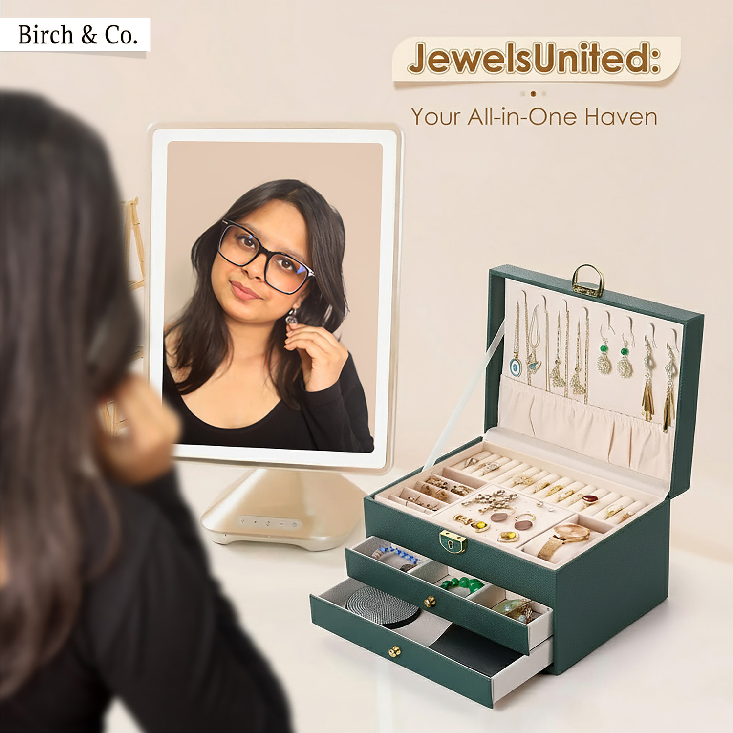 Image of Birch & Co. Jewellery Box-3 Layer organizer, Portable Travel-Friendly Elegant Storage Box Wedding Vanity Box