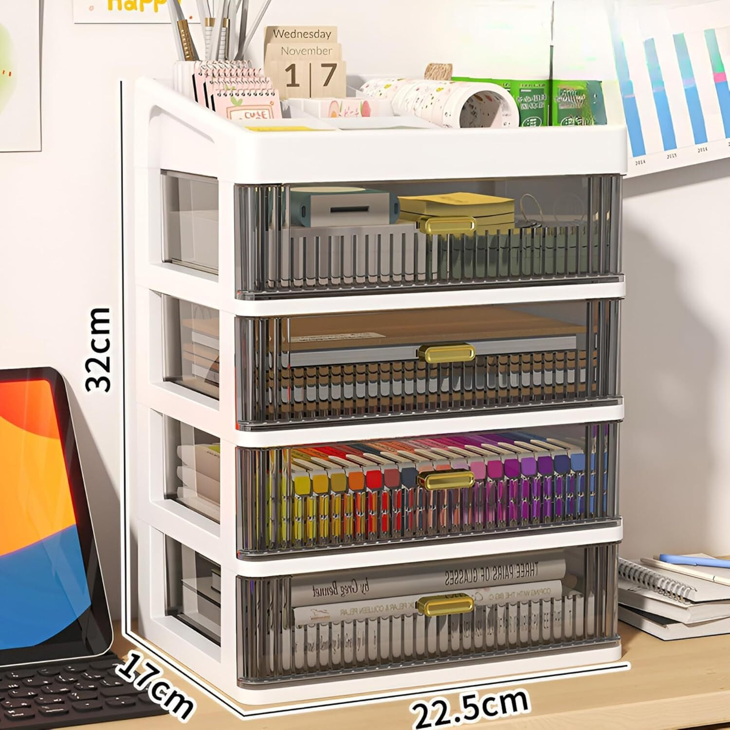Image of KITCHMAX Organizer Plastic Storage Box with Sliding Drawer for Cosmetics and Jewellery 4 Compartment Vanity Box