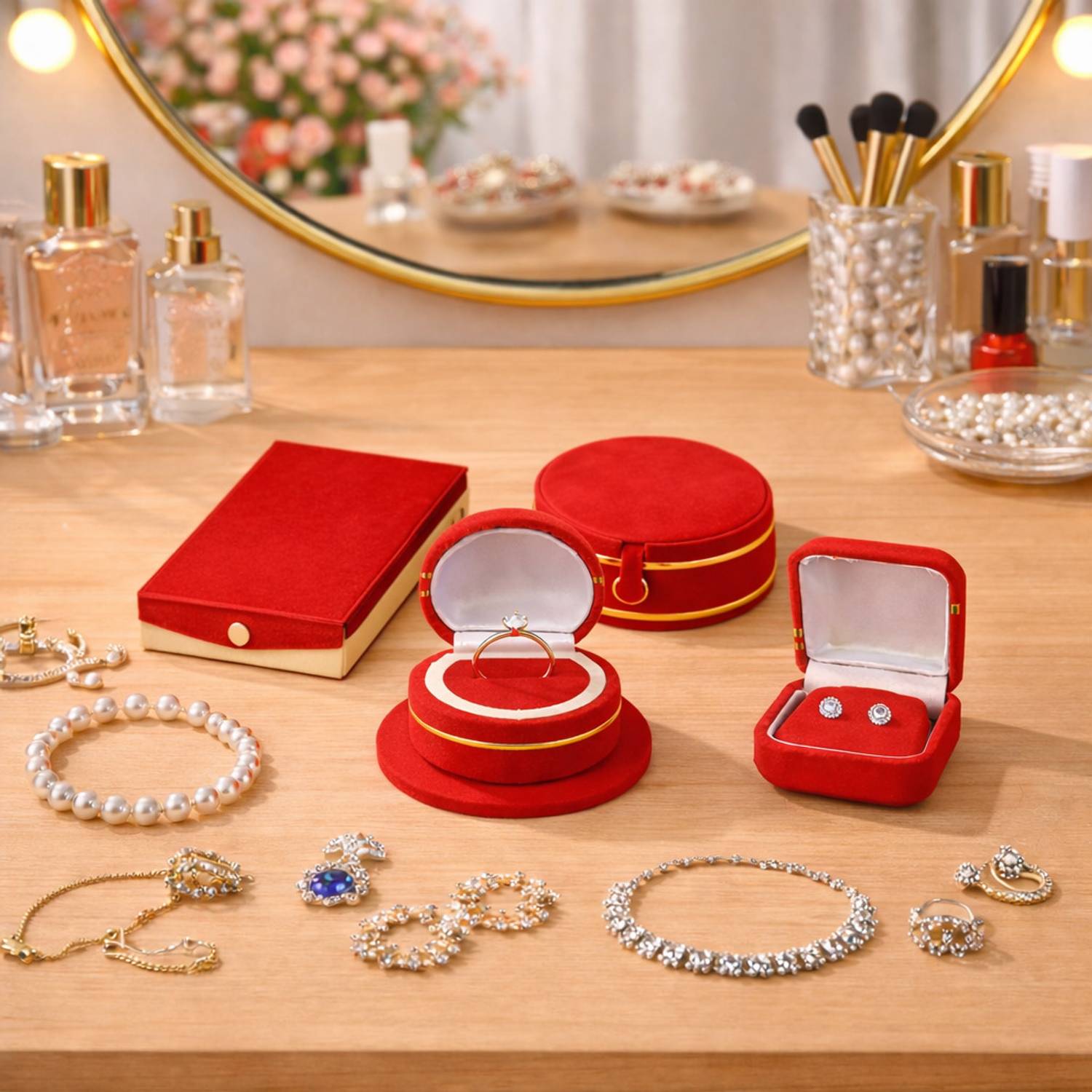 AJSTRUGGLE Red Velvet Jewellery Organizer Gift Box for Women and Girls Necklace, Ring, Earring, Bangles Box Set Vanity Box