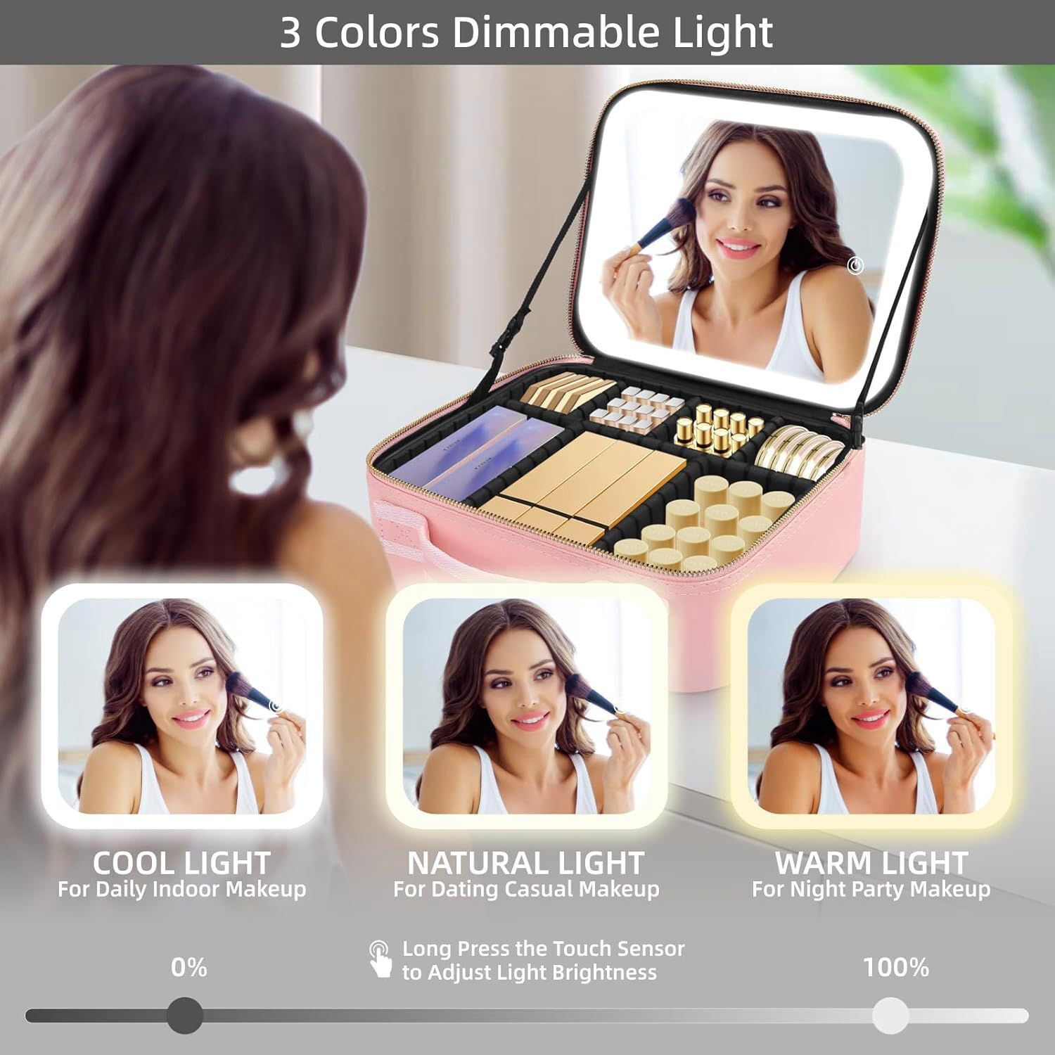 Image of inovera Makeup Organizer Bag - Travel Cosmetic Kit with Mirror & Compartments with Removable 3 LED Lighting Mirror and Adjustable Compartments Travel Toiletry Vanity Box