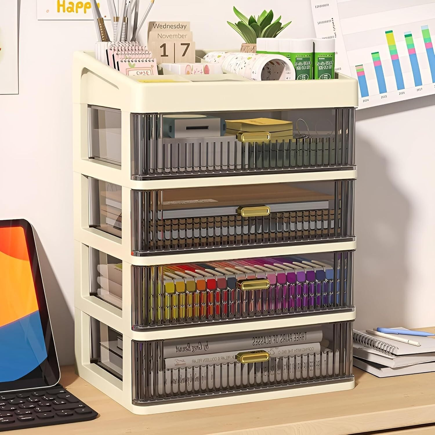 Image of HomeQueen Organizer Plastic Storage Box with Sliding Drawer for Cosmetics and Jewellery 4 Compartment Vanity Box