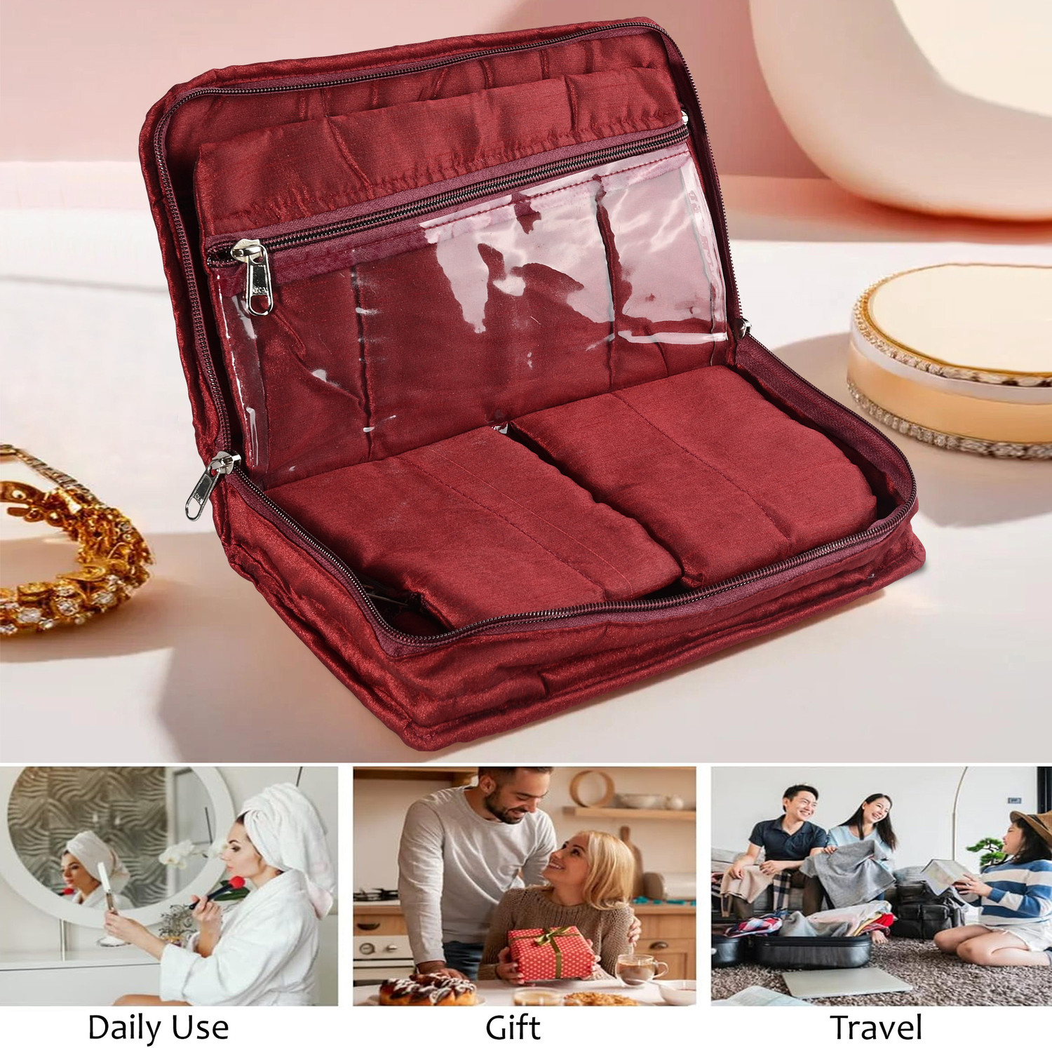 Image of KUBER INDUSTRIES (Pack of 4) 7-Compartments Bow Jewellery Kit For Women | Large | Maroon & Red Jewellery Kit Vanity Box