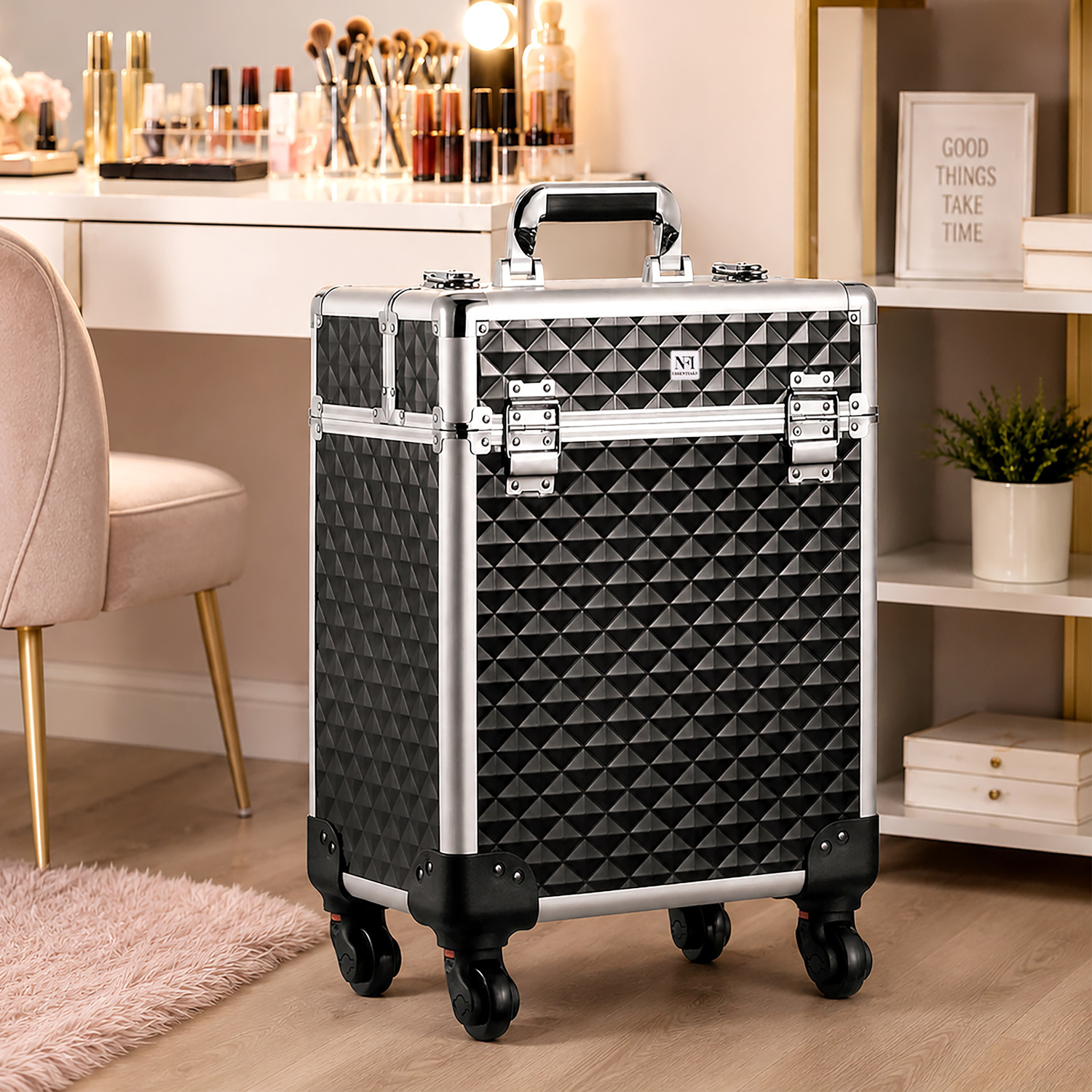 Image of NFI essentials Makeup Train Case Large Cosmetic Trolley Organized Aluminum Barber Case for Hairstylist Makeup Nail Tech Salon with Keys Swivel Wheels Traveling Cart Trunk Makeup Vanity Box