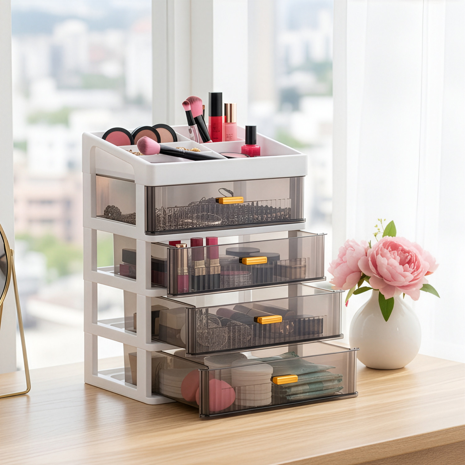 Image of KITCHMAX Organizer Plastic Storage Box with Sliding Drawer for Cosmetics and Jewellery 4 Compartment Vanity Box
