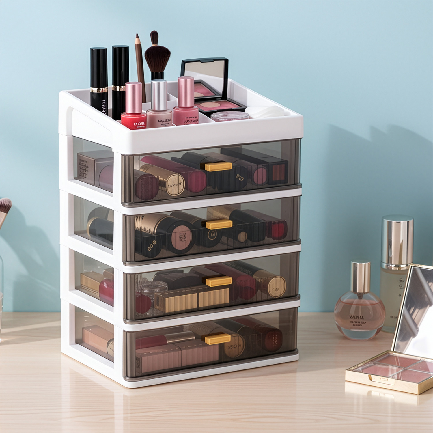 Image of KITCHMAX Organizer Plastic Storage Box with Sliding Drawer for Cosmetics and Jewellery 4 Compartment Vanity Box