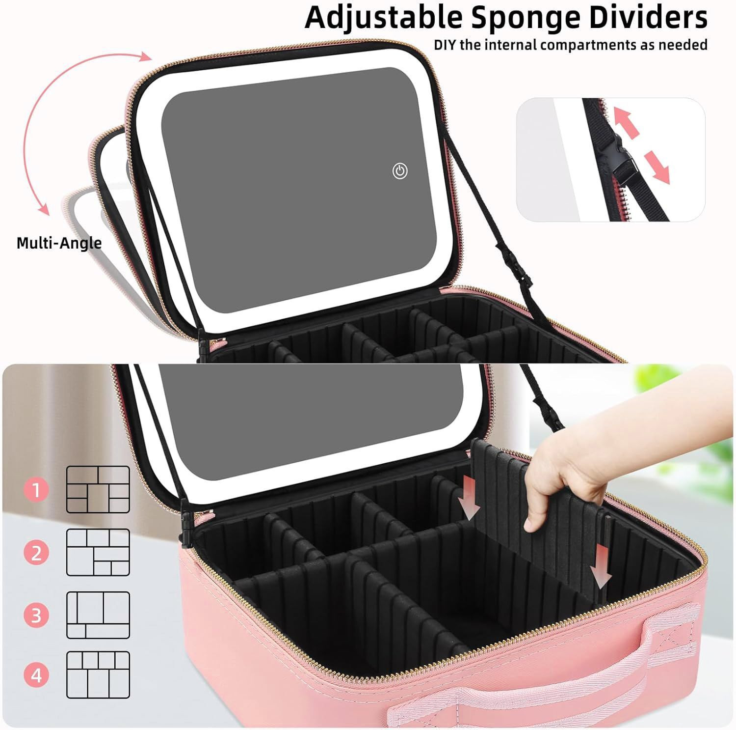 Image of inovera Makeup Organizer Bag - Travel Cosmetic Kit with Mirror & Compartments with Removable 3 LED Lighting Mirror and Adjustable Compartments Travel Toiletry Vanity Box