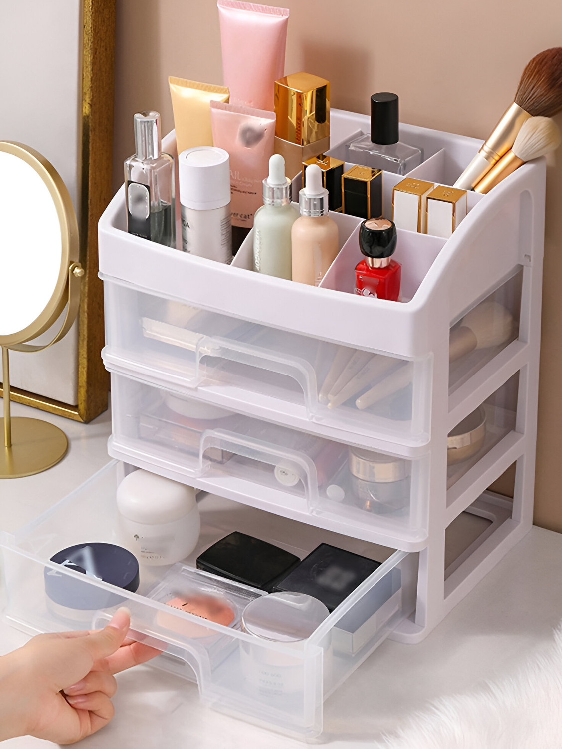 Image of BloomKitchen Cosmetic Organisers | Makeup Box Stand with Drawers | Stylish Storage Solution | Cosmetic Organisers for Skincare, Perfume, Lipsticks & Beauty Essentials Vanity Box (Whie)