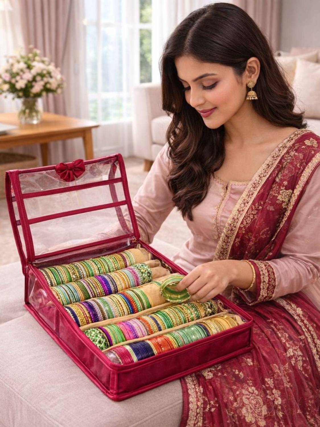 Ajabh Premium Saree & Bangle Storage Box – Transparent Maroon Organizer Bengal Box Vanity Box