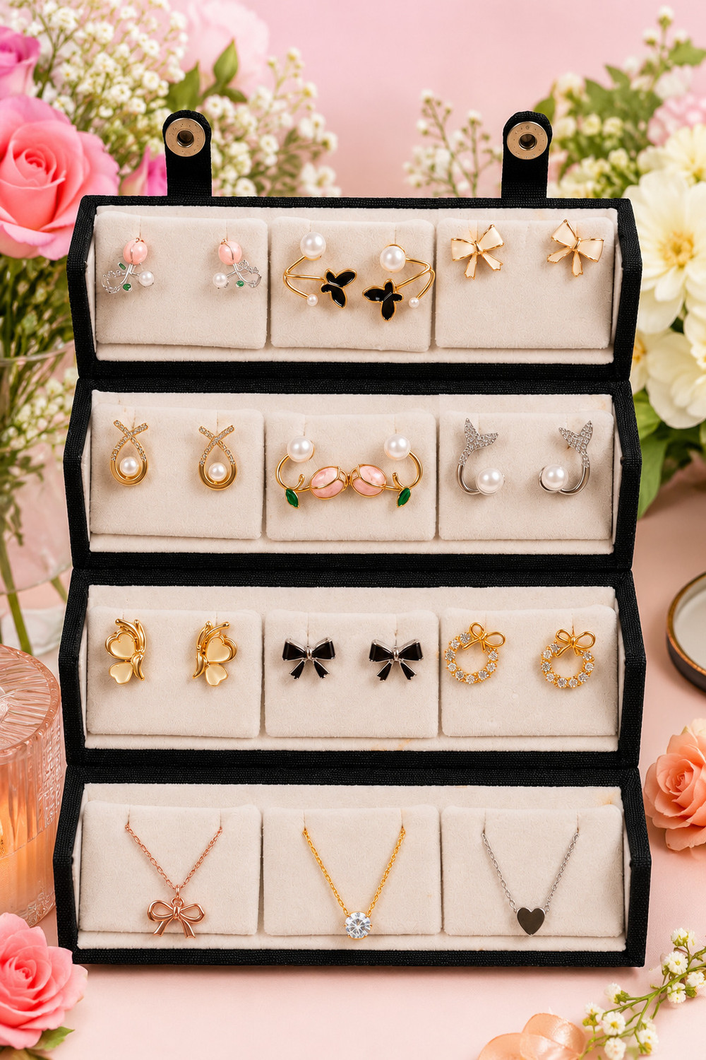 Image of Dressystore 12 Pair korean earnings studs with chain, Jewelry Storage box, earring for women Multi layer earrings organizer storage box Vanity Box
