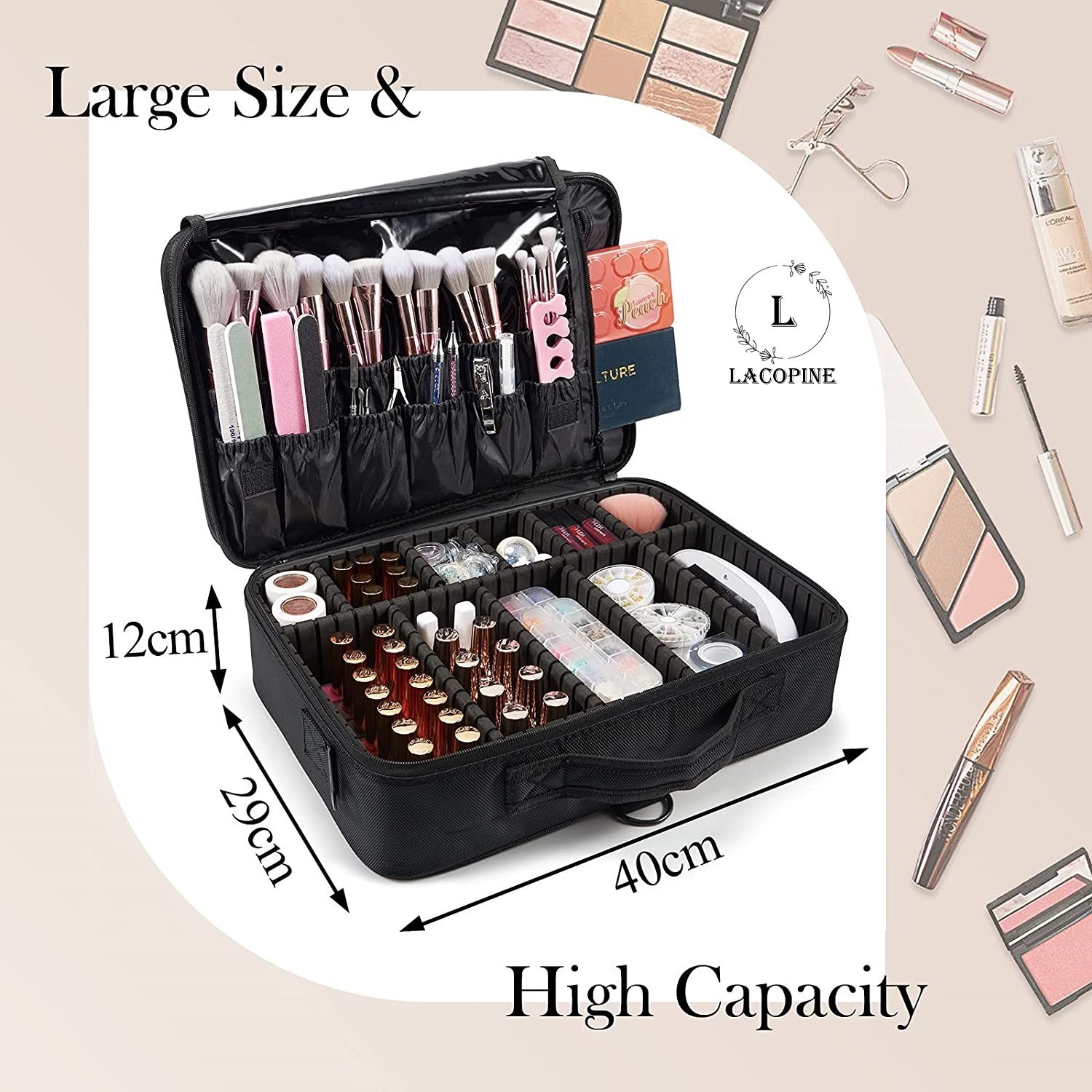 Image of LACOPINE Large Capacity Makeup Bag,Cosmetic Organizer with Removable And Adjustable Dividers and Strap for Cosmetics Makeup Brushes Accessories Make Up, Jewelry Vanity Box