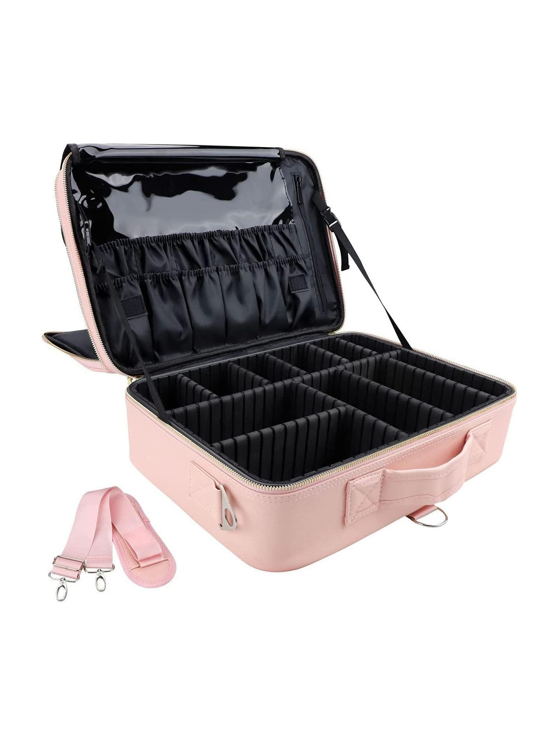Image of LACOPINE Makeup Organizer Bag, Makeup Case Travel Train Case Large Cosmetic Case Portable with Adjustable Dividers Makeup Brushes Holder Storage Box Make up, Jewelry, Toiletries, Shaving Kit Vanity Box (BABY PINK)