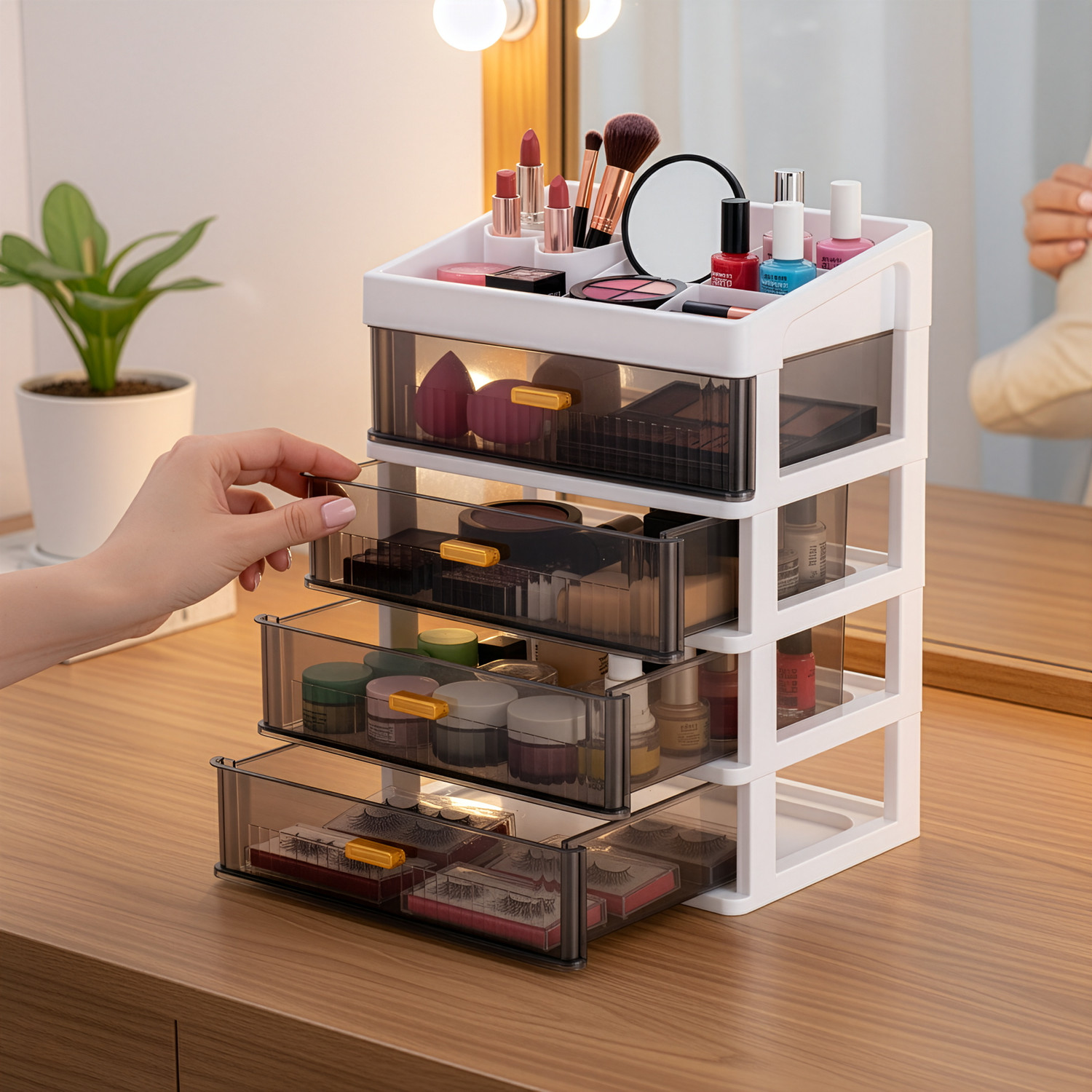 Image of KITCHMAX Organizer Plastic Storage Box with Sliding Drawer for Cosmetics and Jewellery 4 Compartment Vanity Box
