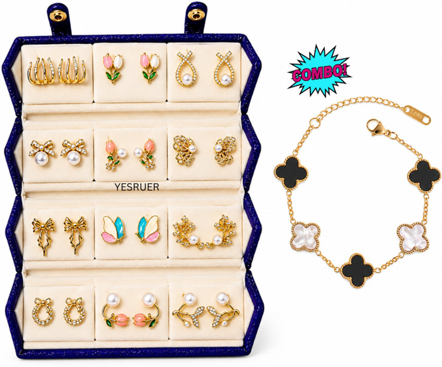 Image of YESRUER 12 Pair Combo Set for Women with Jewellery Box | Stylish Korean Stud, Pearl Stylish Korean Stud Vanity Box